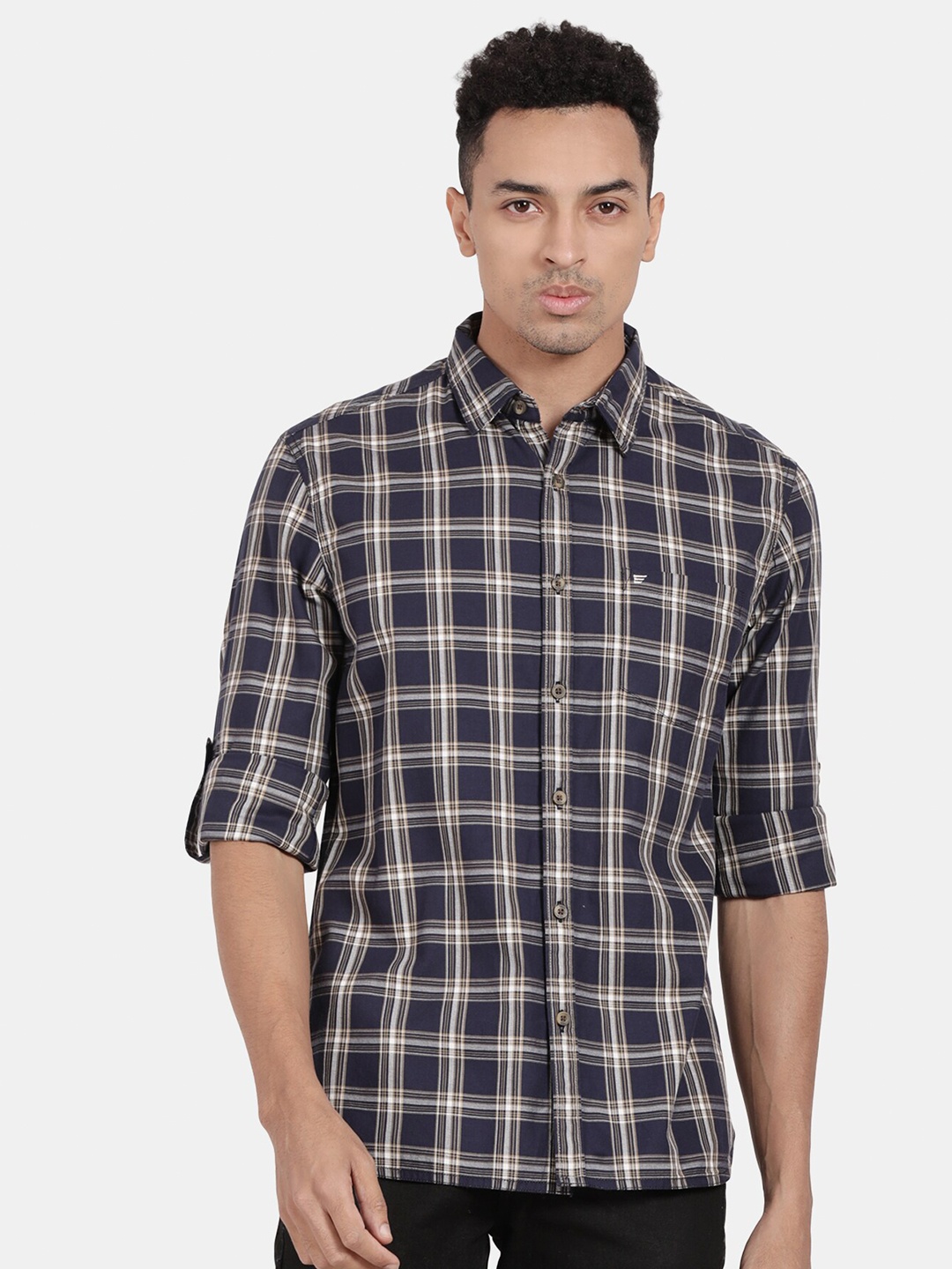 

t-base Tartan Checked Spread Collar Roll Up Sleeves Cotton Casual Shirt, Navy blue
