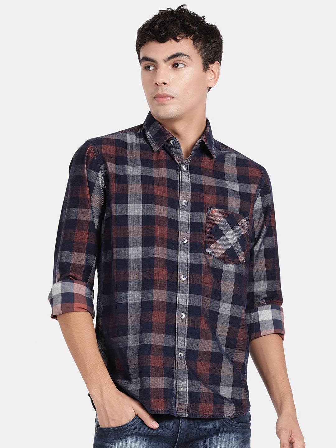 

t-base Tartan Checks Cotton Casual Shirt, Navy blue
