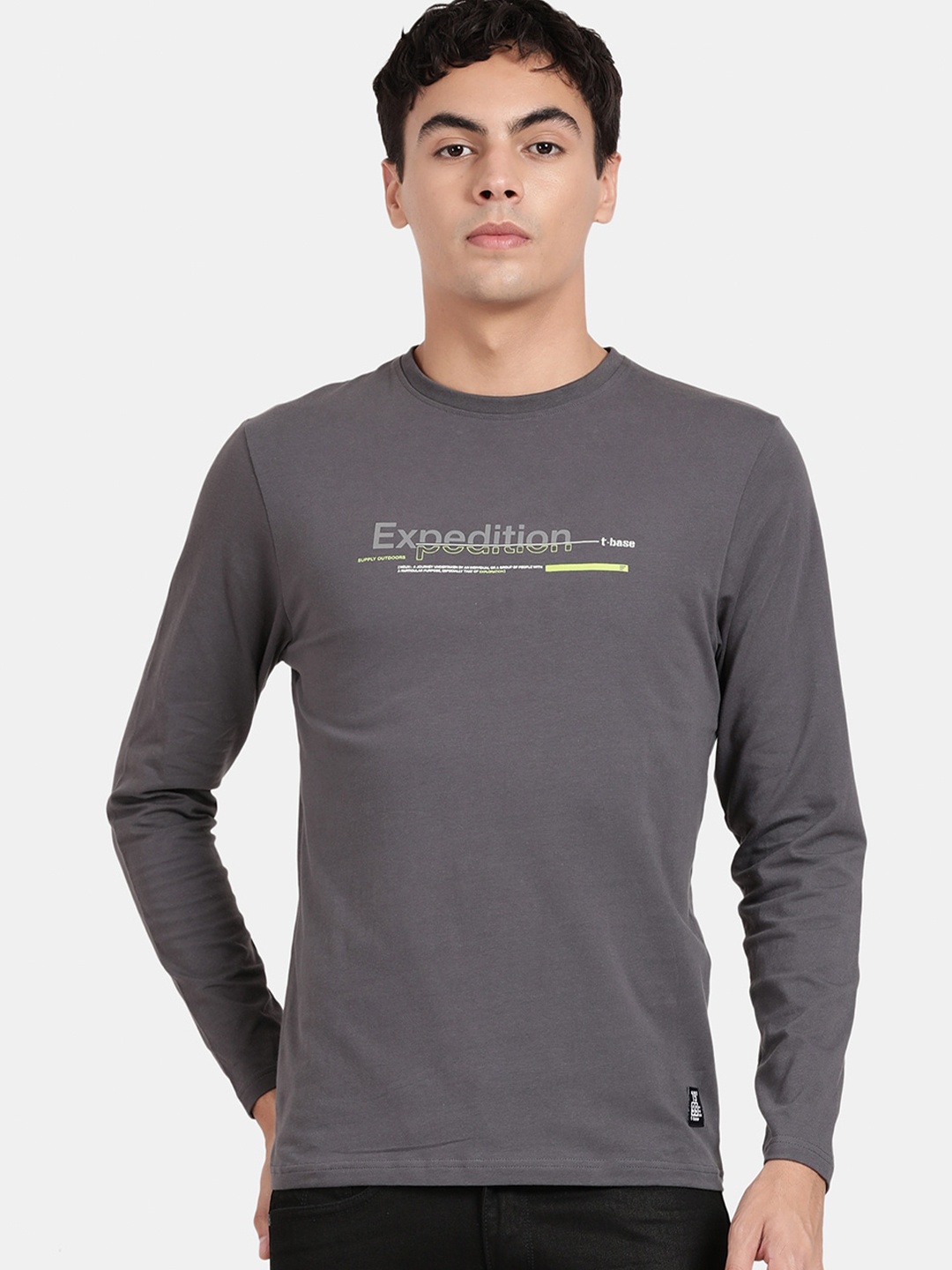 

t-base Typography Printed Cotton T-shirt, Grey