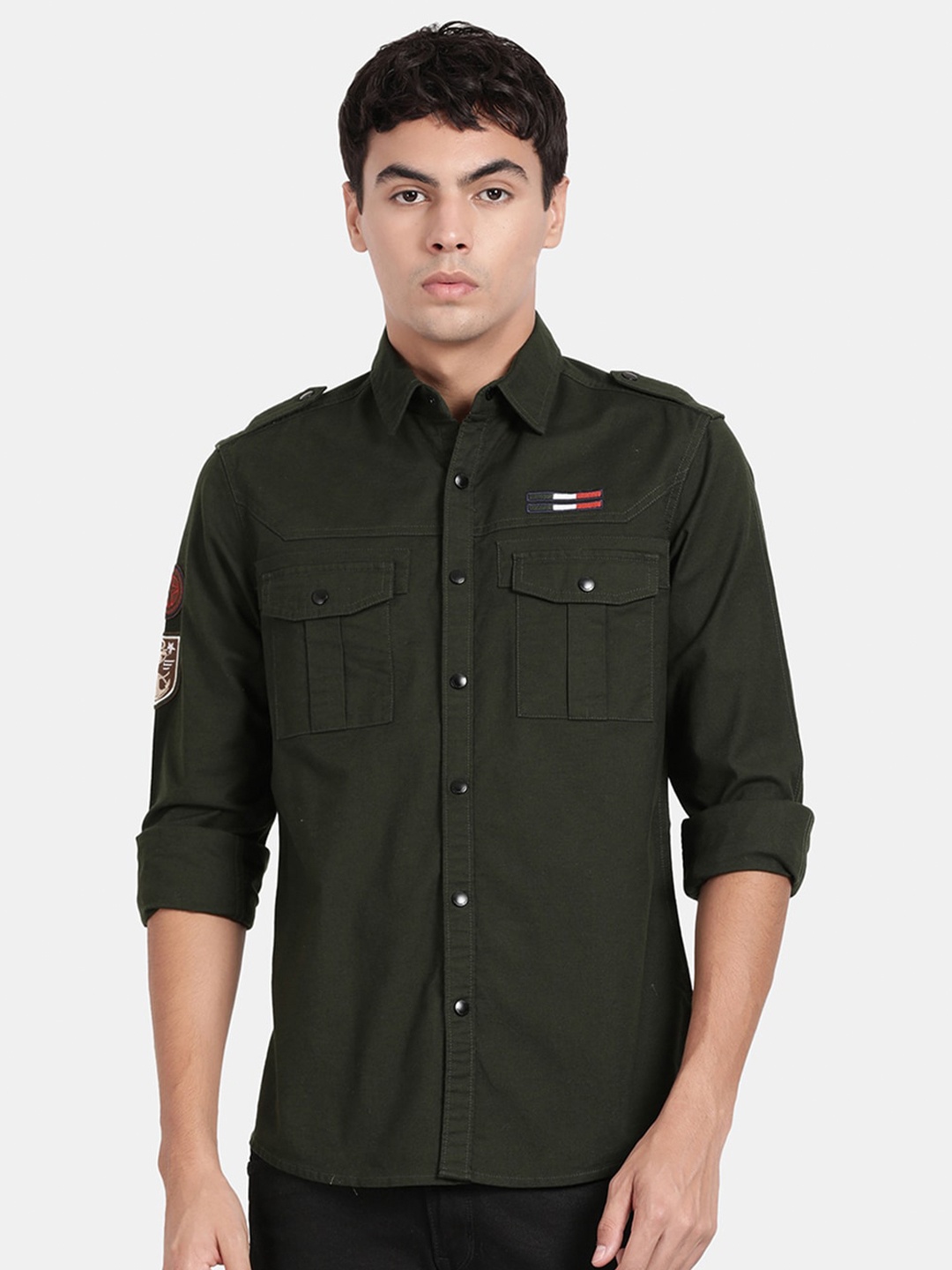 

t-base Spread Collar Cotton Casual Shirt, Green
