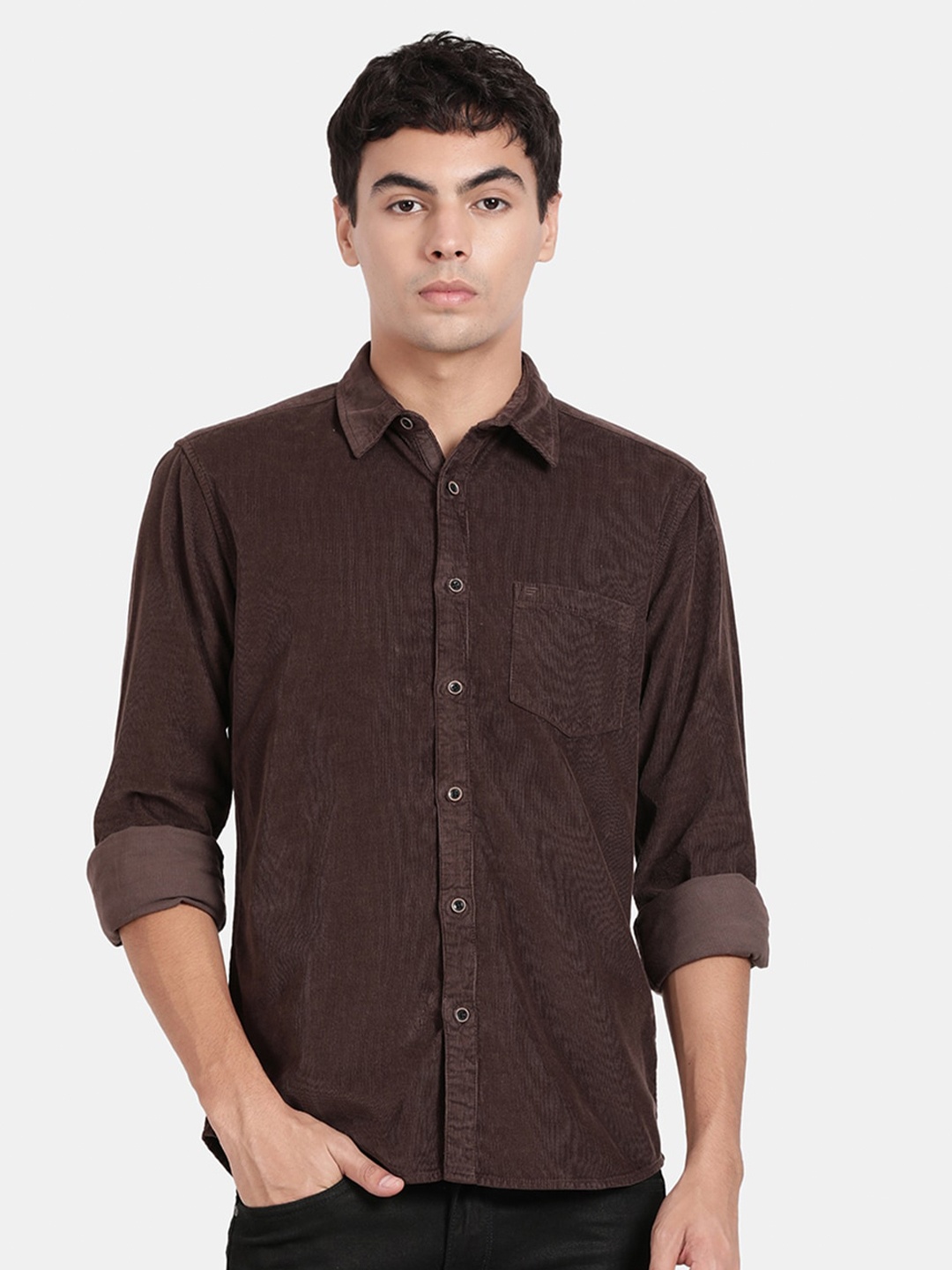 

t-base Spread Collar Cotton Corduroy Casual Shirt, Brown