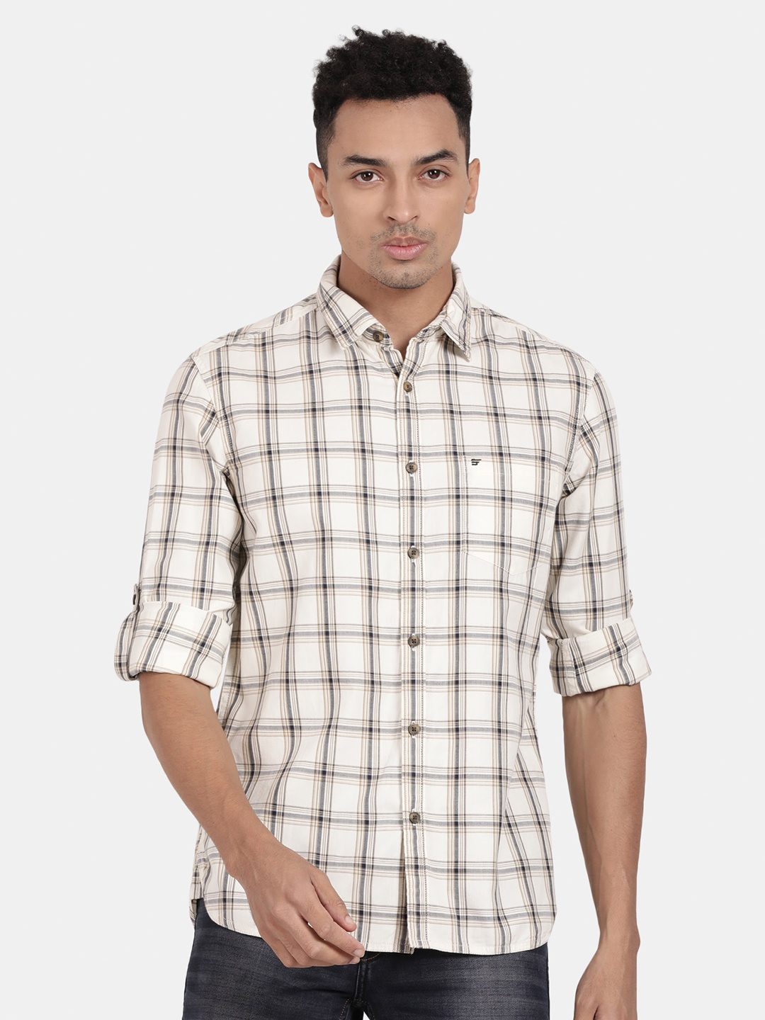 

t-base Windowpane Checks Cotton Casual Shirt, Off white