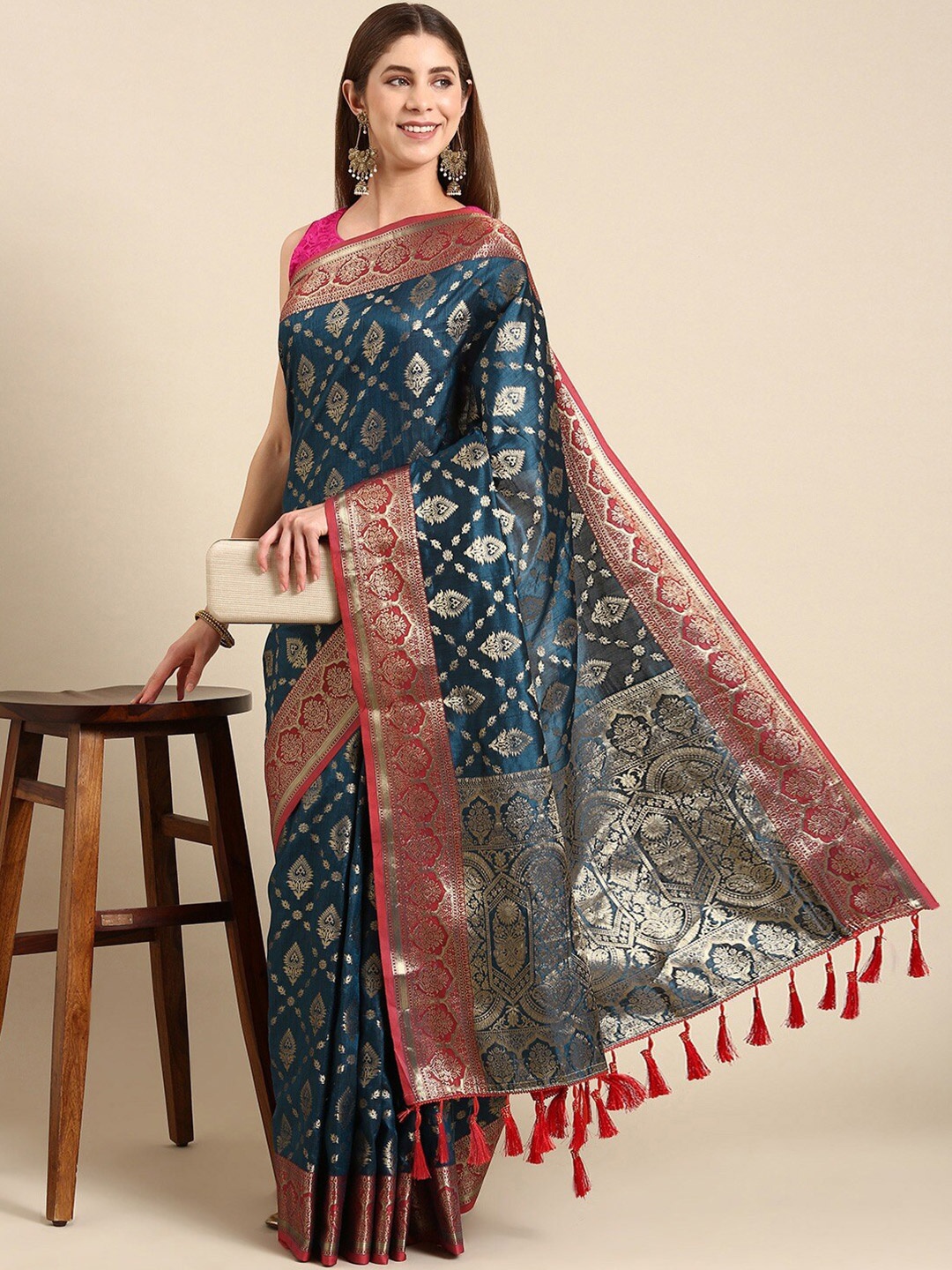 

Mitera Navy Blue & Magenta Ethnic Woven Design Zari Banarasi Saree