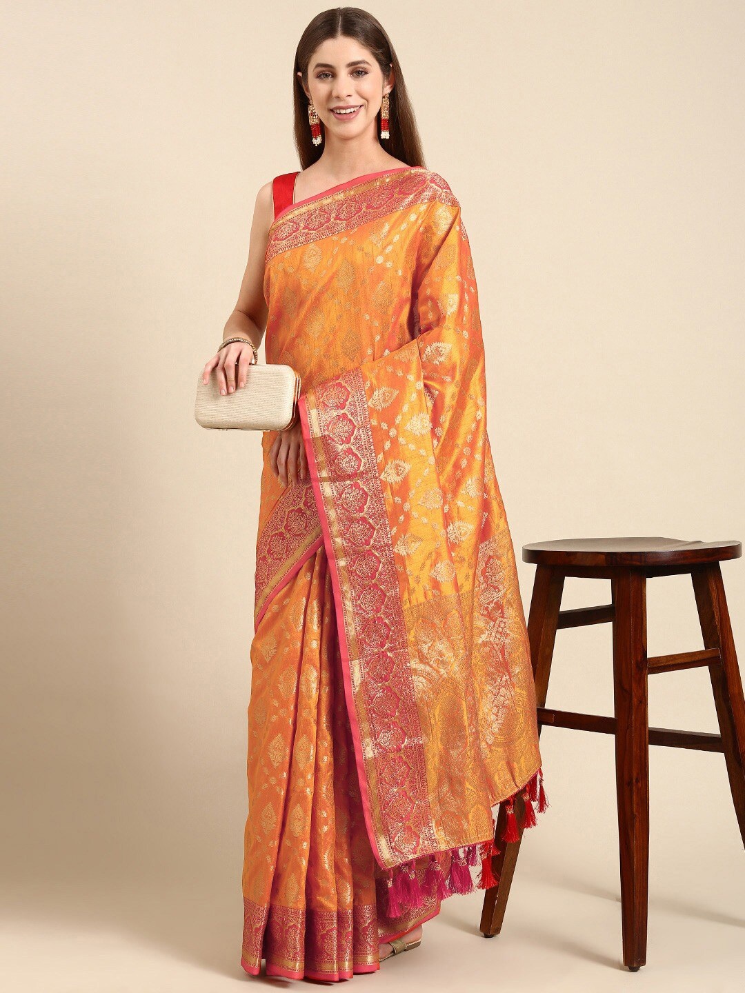 

Mitera Mustard & Magenta Ethnic Woven Design Zari Banarasi Saree