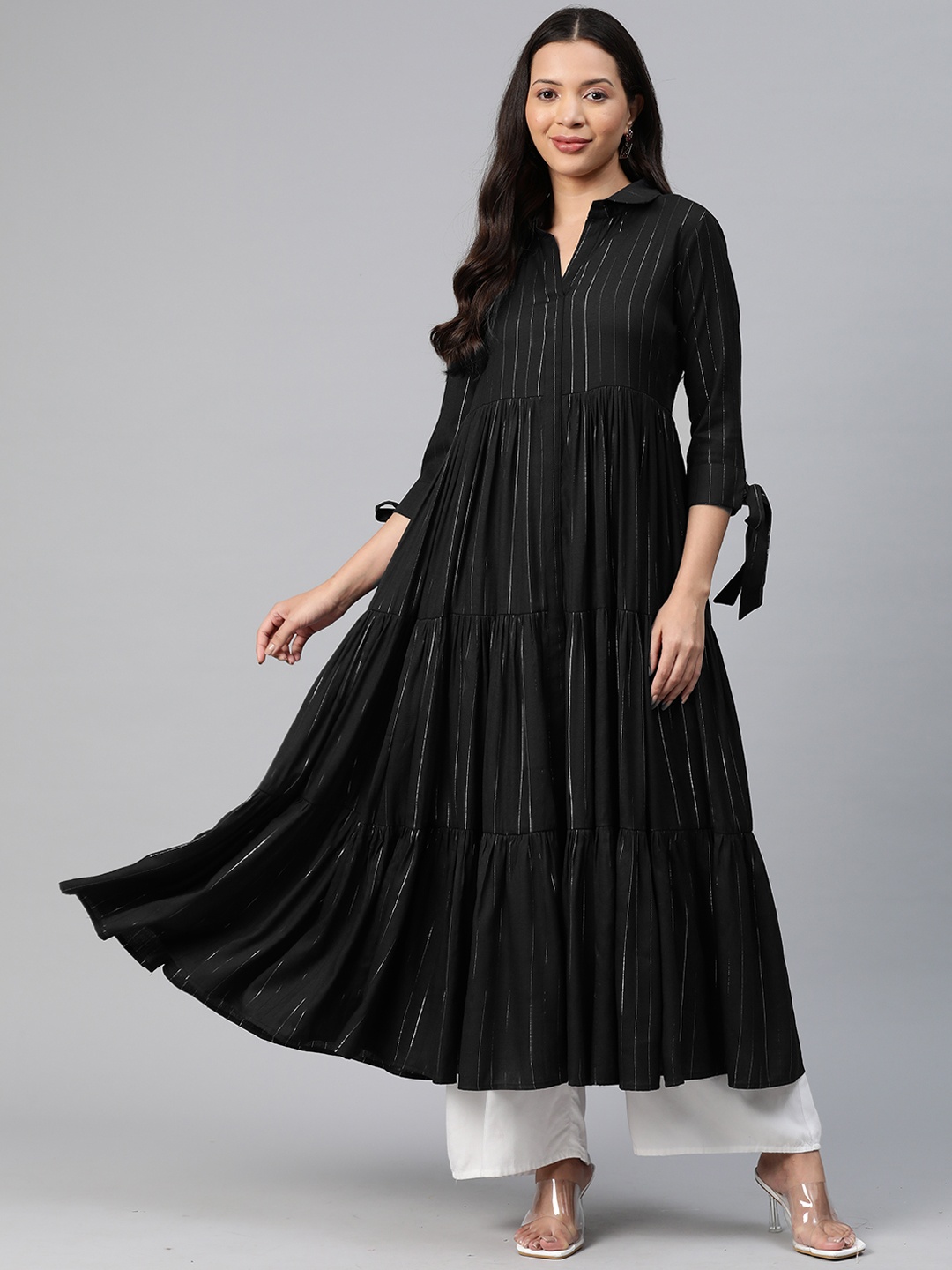 

MBE Striped Tiered Shirt Collar Anarkali Kurta, Black