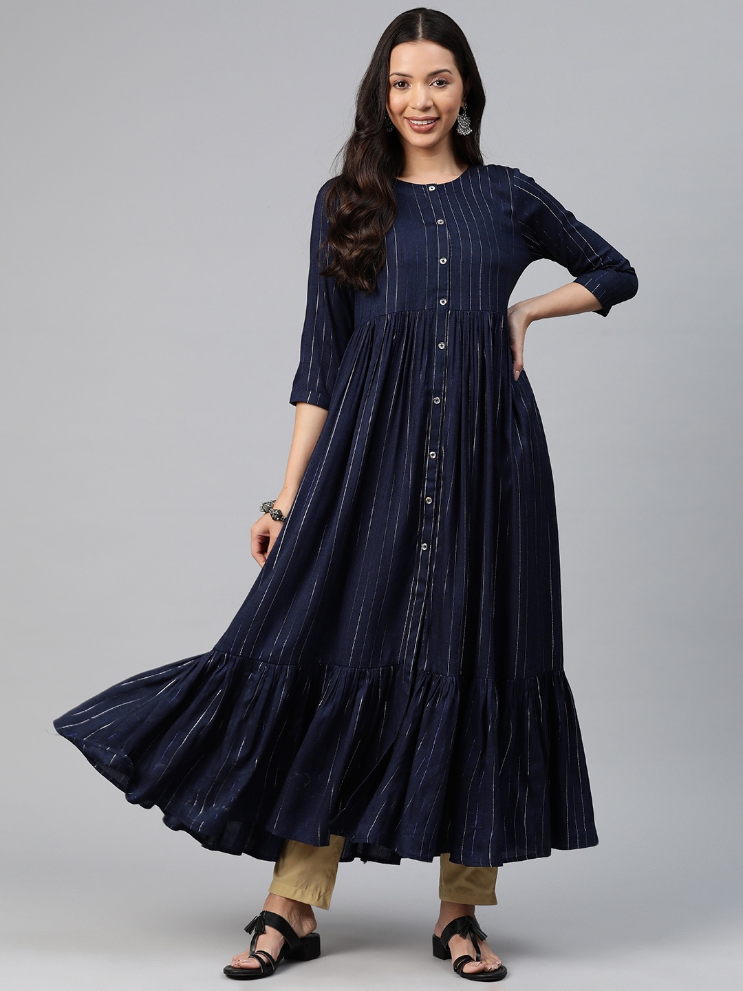

MBE Women Striped Anarkali Kurta, Blue