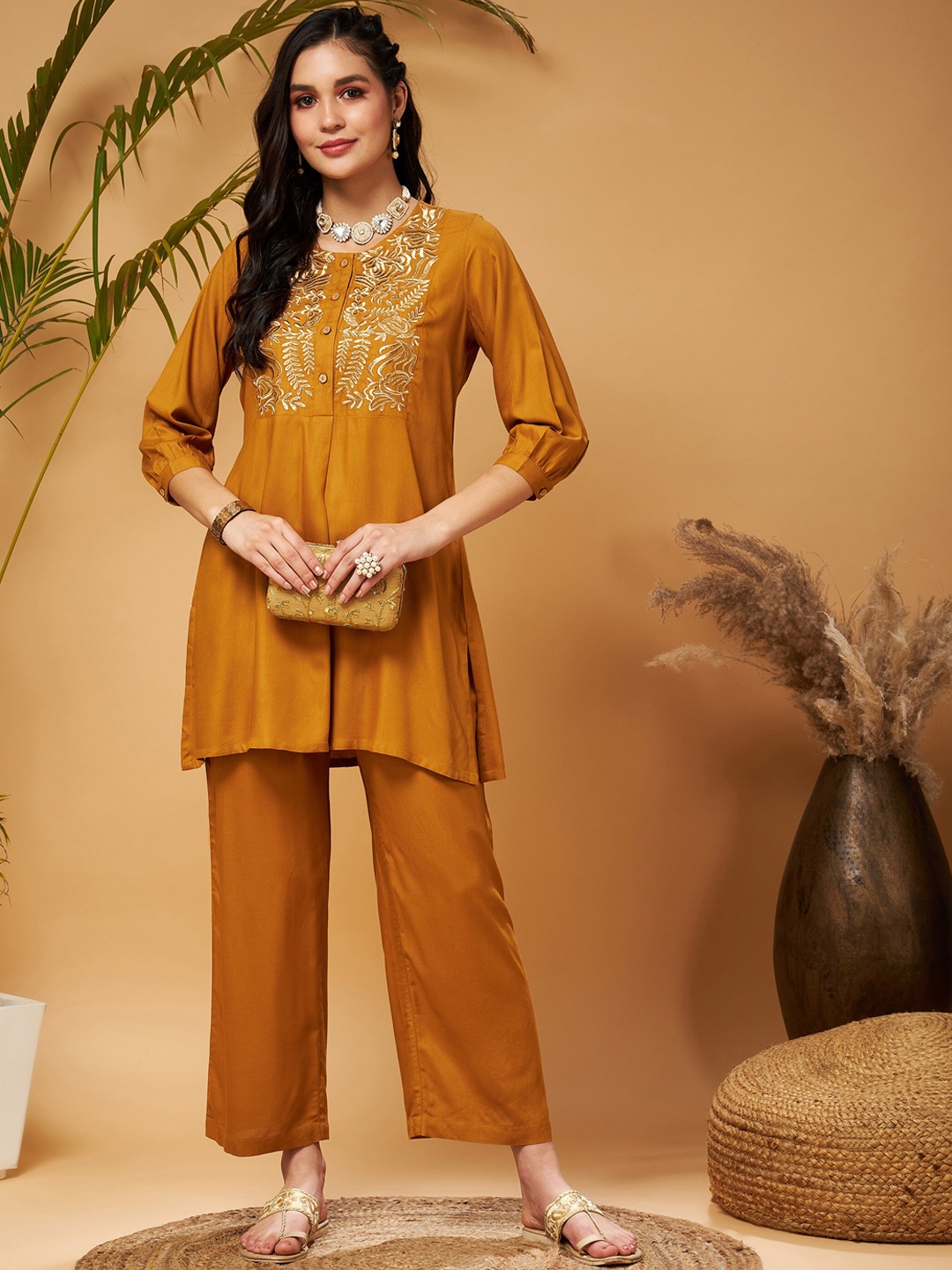 

Shae by SASSAFRAS Mustard Yellow Floral Embroidered Kurti With Palazzos