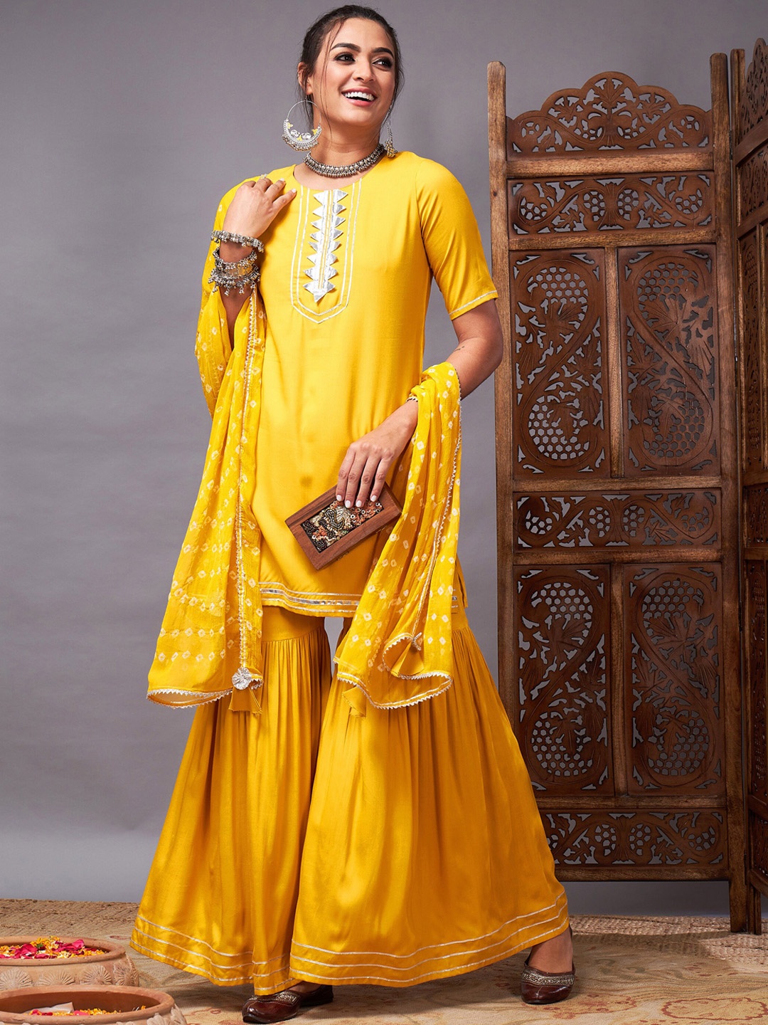 

Shae by SASSAFRAS Mustard Yellow Kurta with Sharara & Dupatta