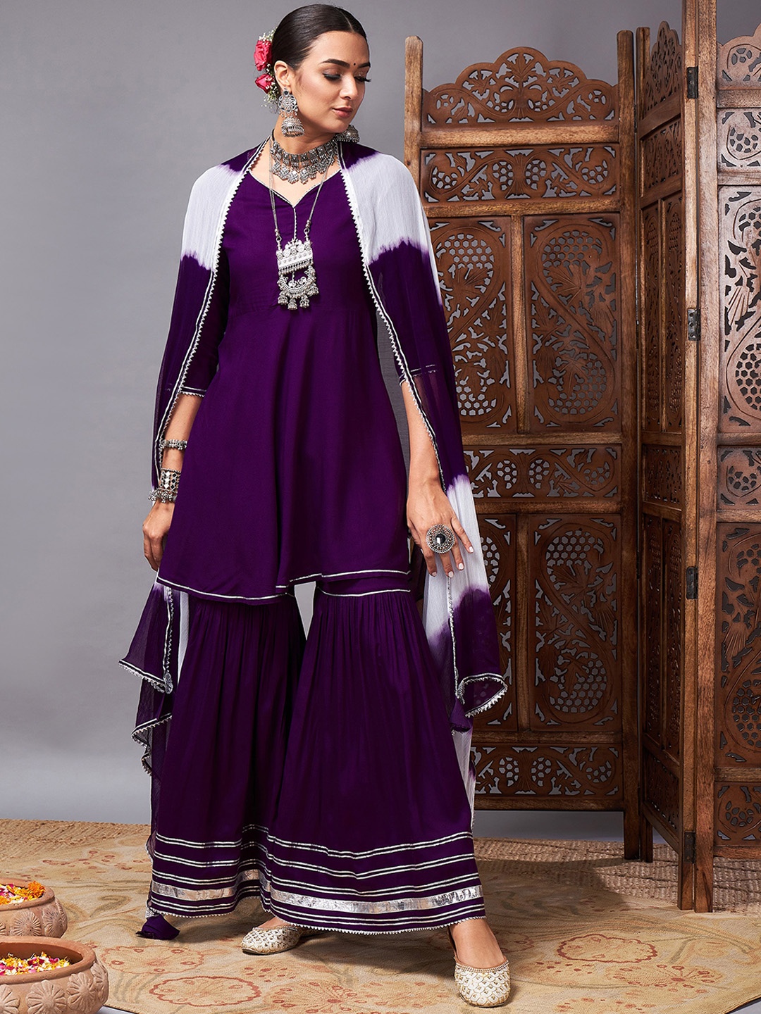 

Shae by SASSAFRAS Purple V-Neck A-Line Kurta with Sharara & Dupatta