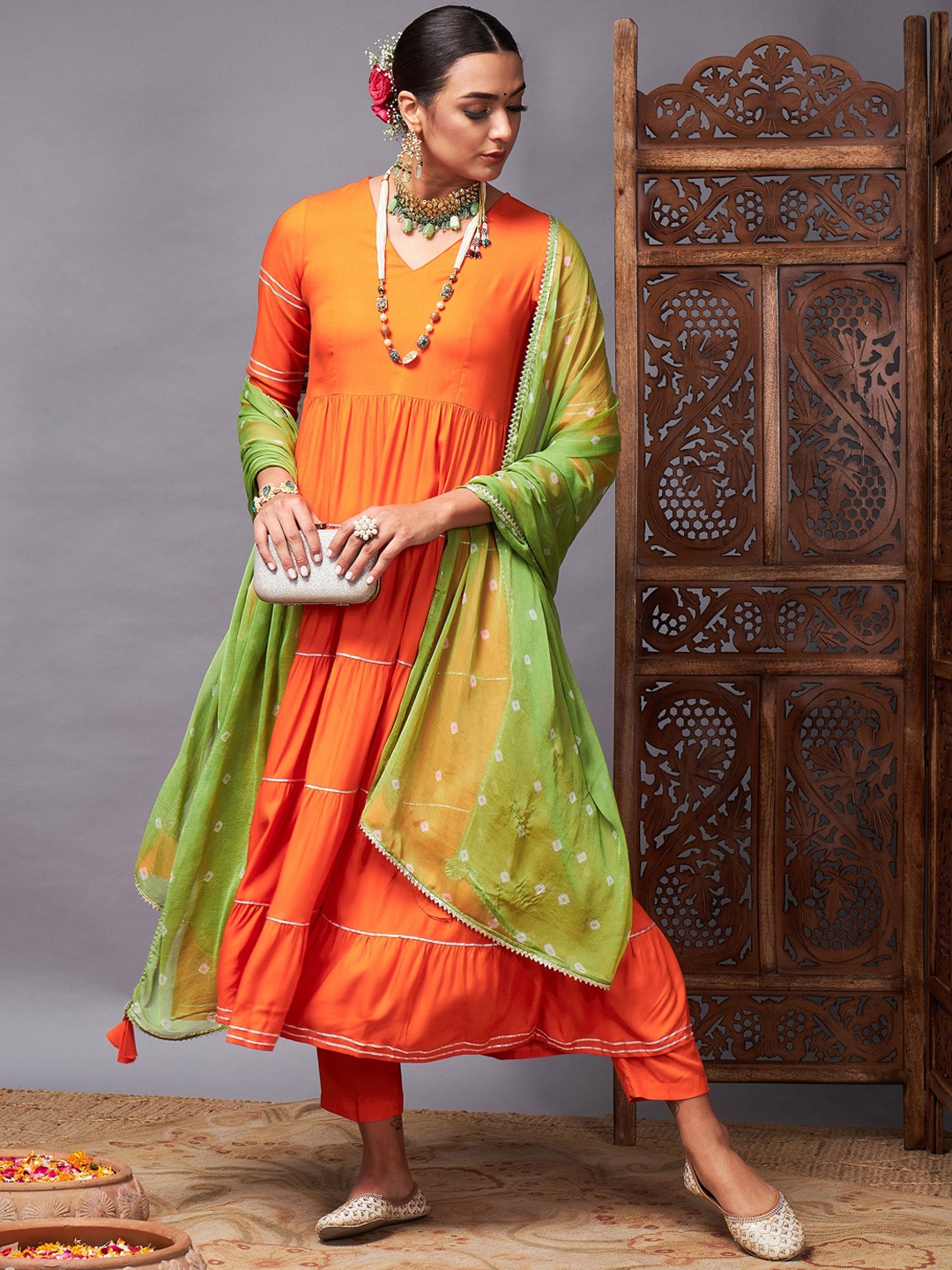 

Shae by SASSAFRAS Orange Gotta Pattai Detail Kurta with Trousers & With Dupatta