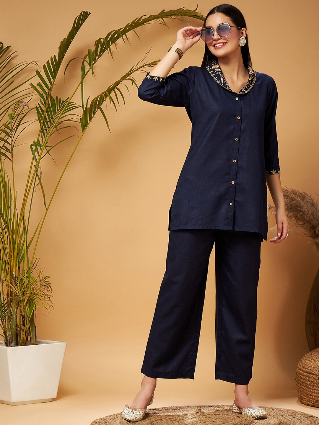 

Shae by SASSAFRAS Embroidered Shawl Collar Tunic Top With Palazzos Co-Ords, Navy blue