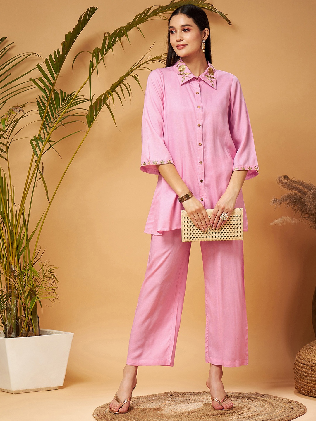 

Shae by SASSAFRAS Zari Embroidered Shirt Collar Tunic Top With Palazzos Co-Ords, Pink