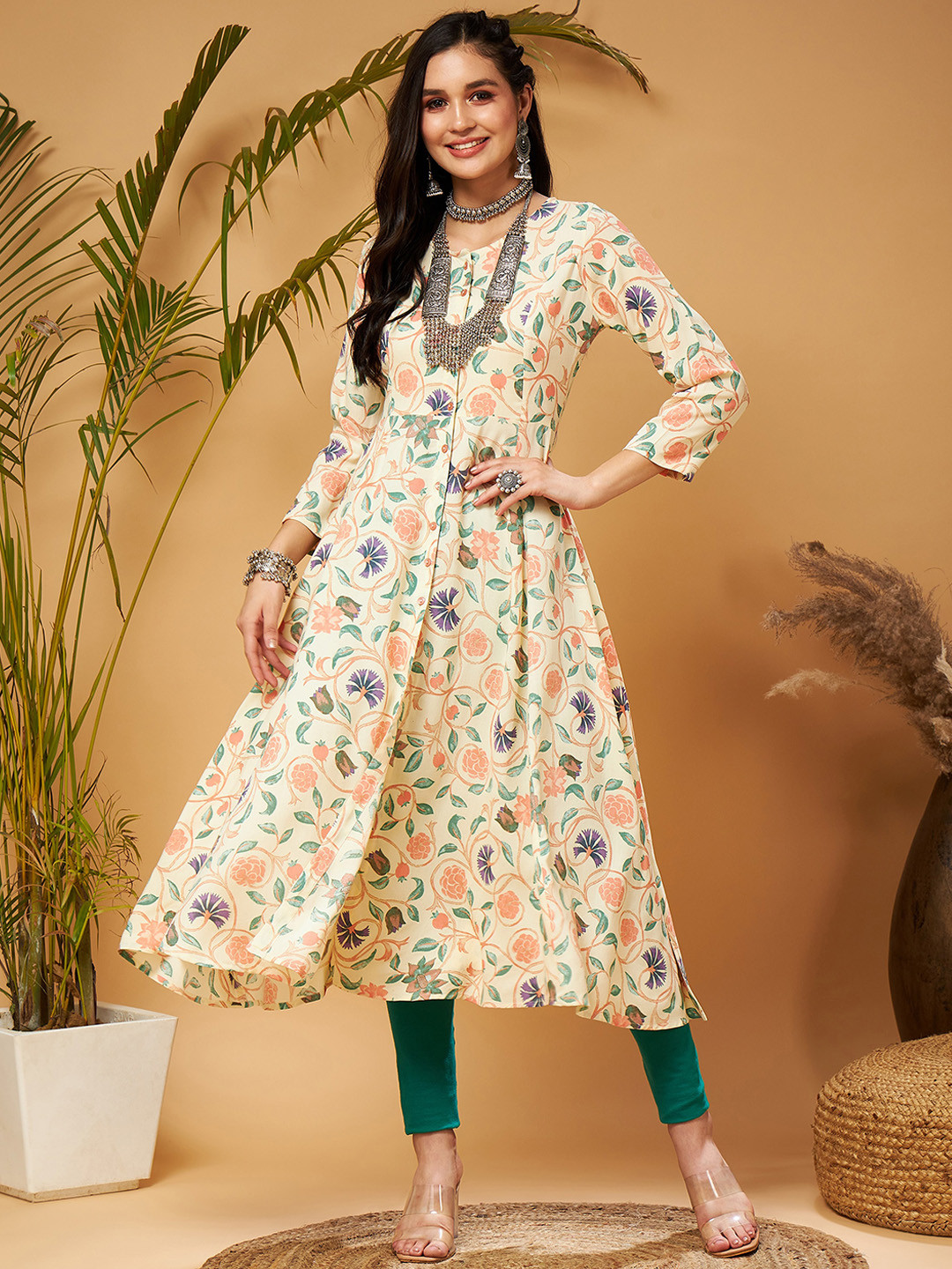 

Shae by SASSAFRAS Beige Floral Printed Front Open Anarkali Kurta
