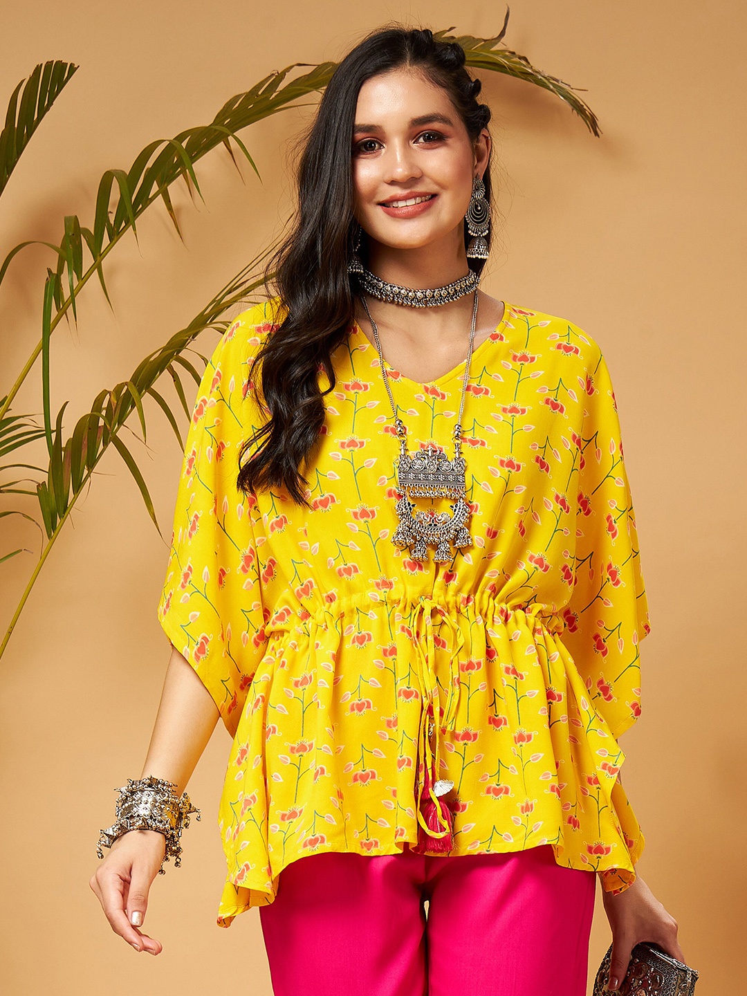 

Shae by SASSAFRAS Yellow Floral Printed Flared Sleeve Liva Kaftan Top