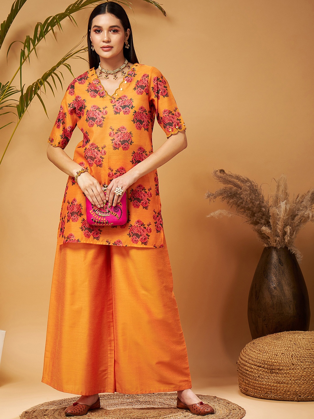 

Shae by SASSAFRAS Mustard Yellow Floral Printed V-Neck Kurta with Palazzos