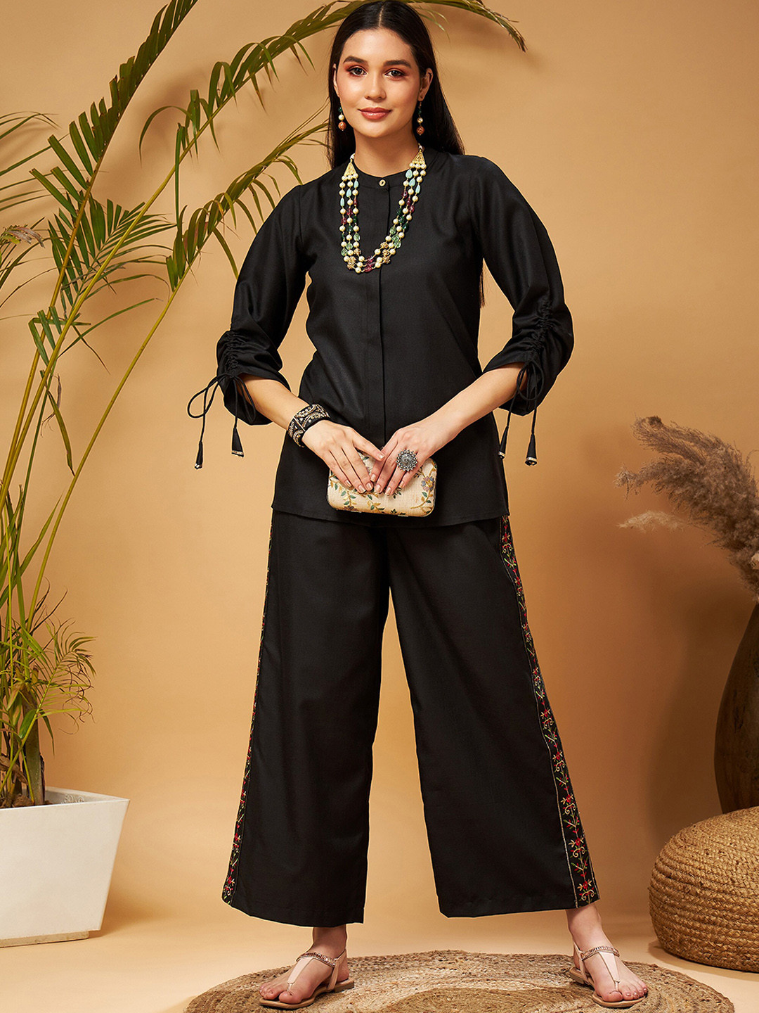

Shae by SASSAFRAS Mandarin Collar Top & Embroidered Palazzo Co-Ords, Black