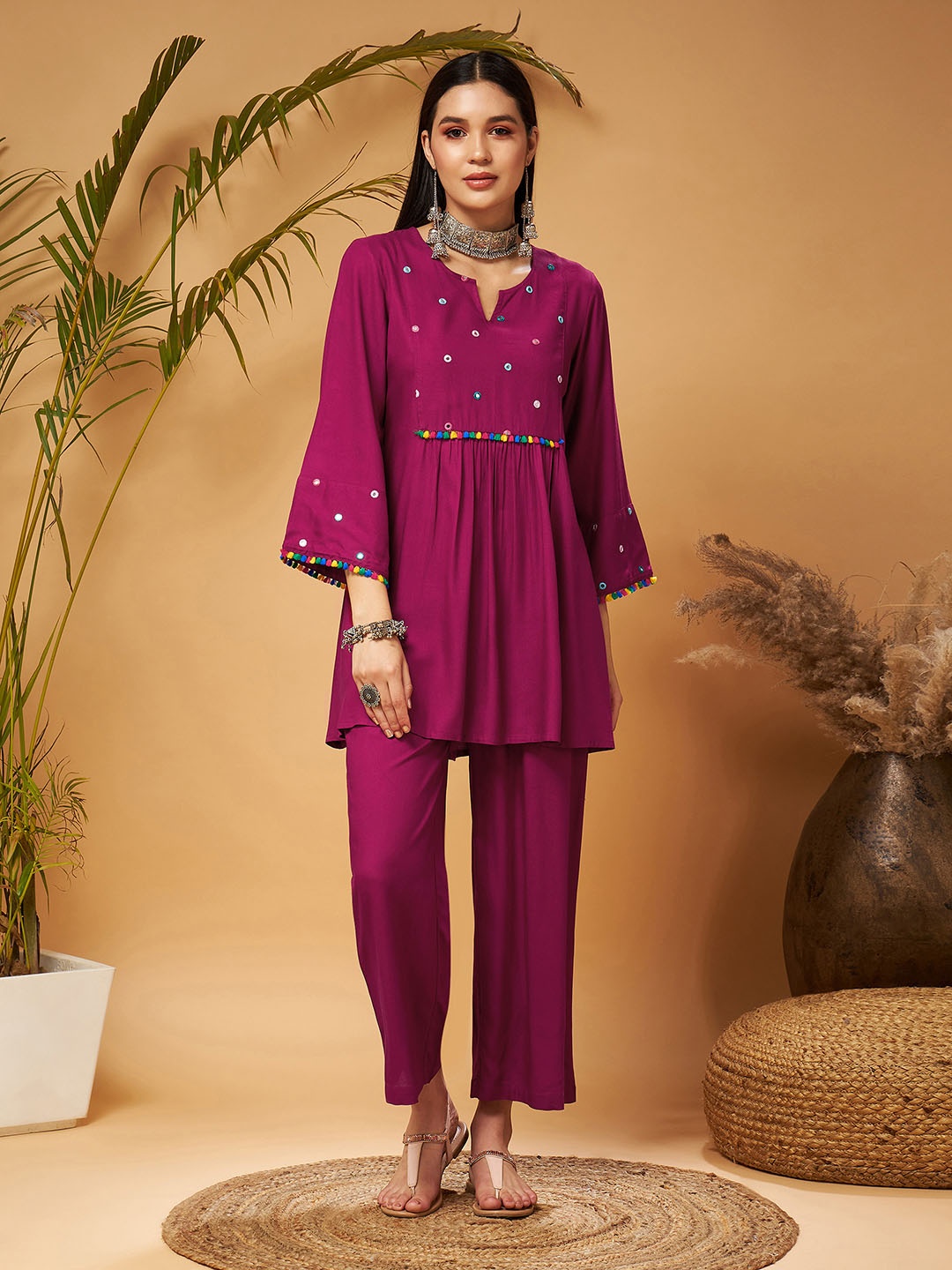 

Shae by SASSAFRAS Maroon Geometric Embroidered Mirror Work Kurti With Palazzos