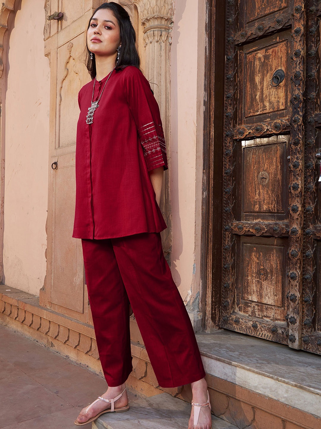 

Shae by SASSAFRAS Maroon Embroidered Tunic With Palazzos