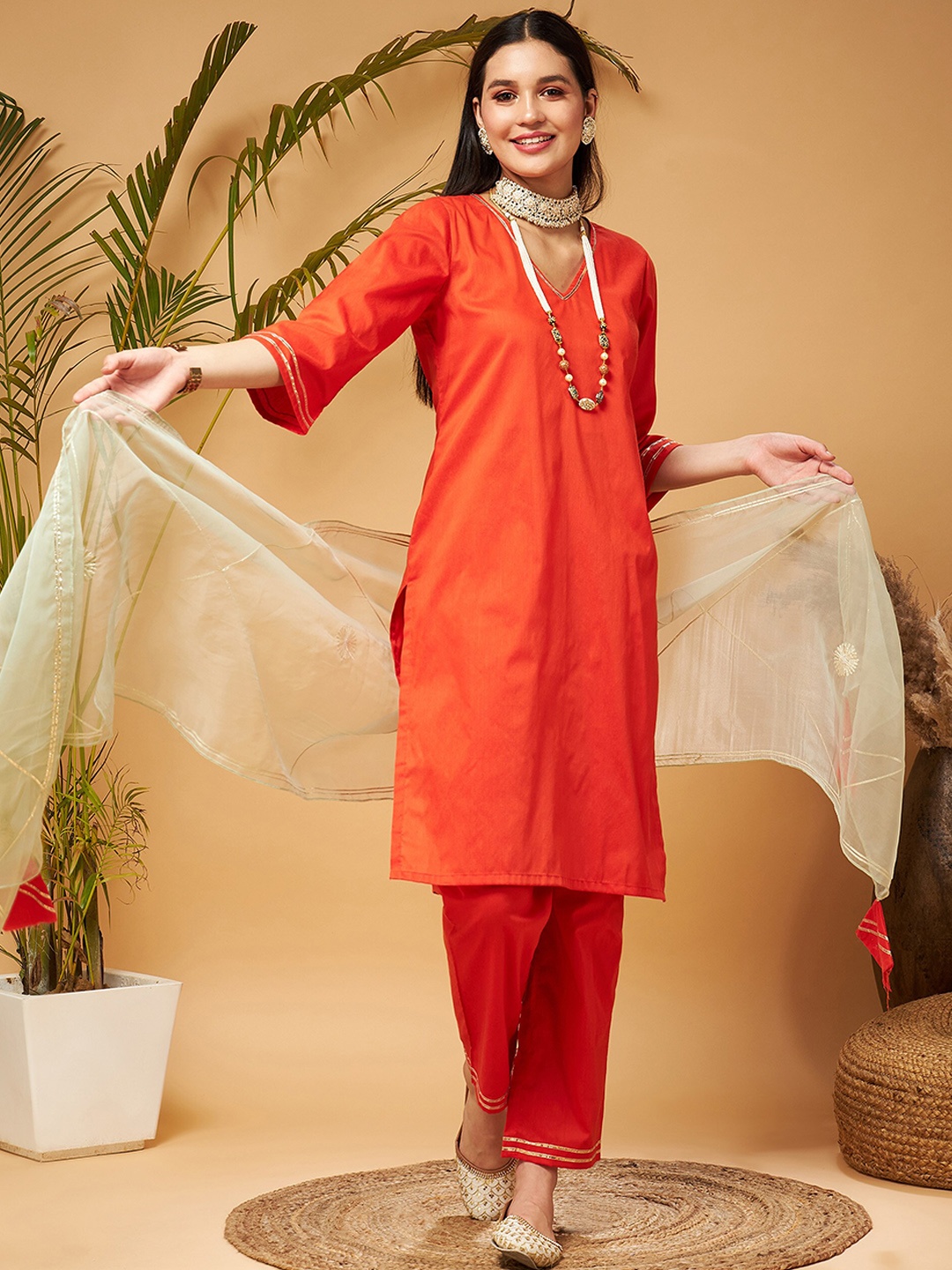 

Shae by SASSAFRAS Orange Kurta With Trousers & With Dupatta