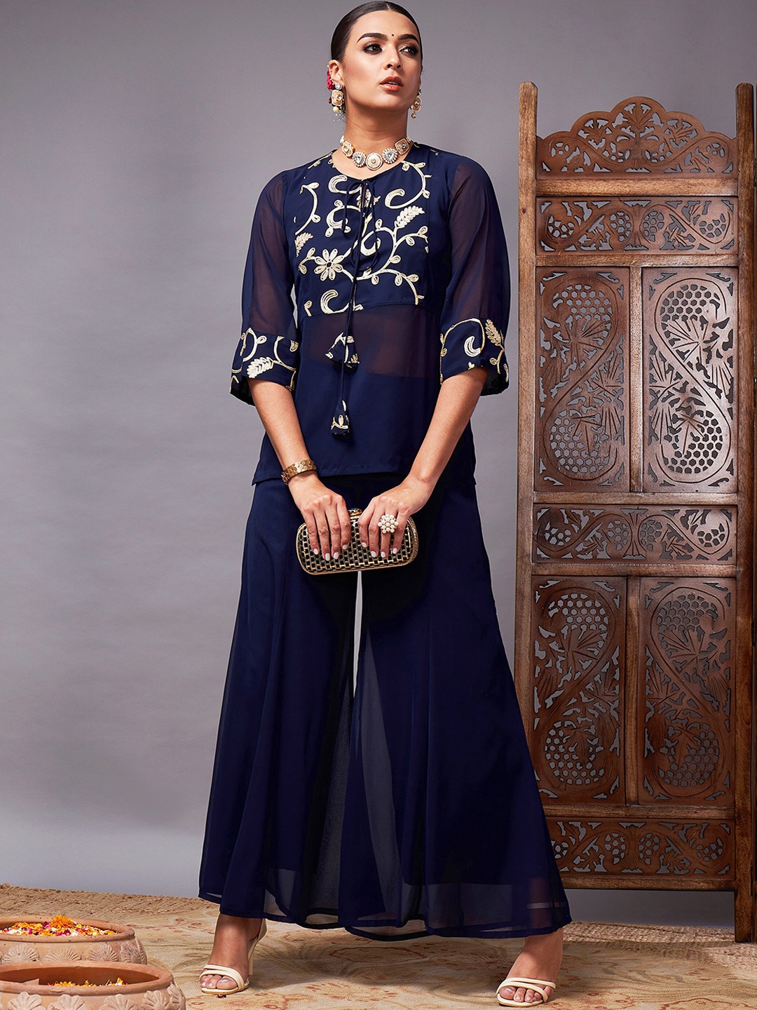 

Shae by SASSAFRAS Embroidered Top With Palazzo Co-Ords, Navy blue