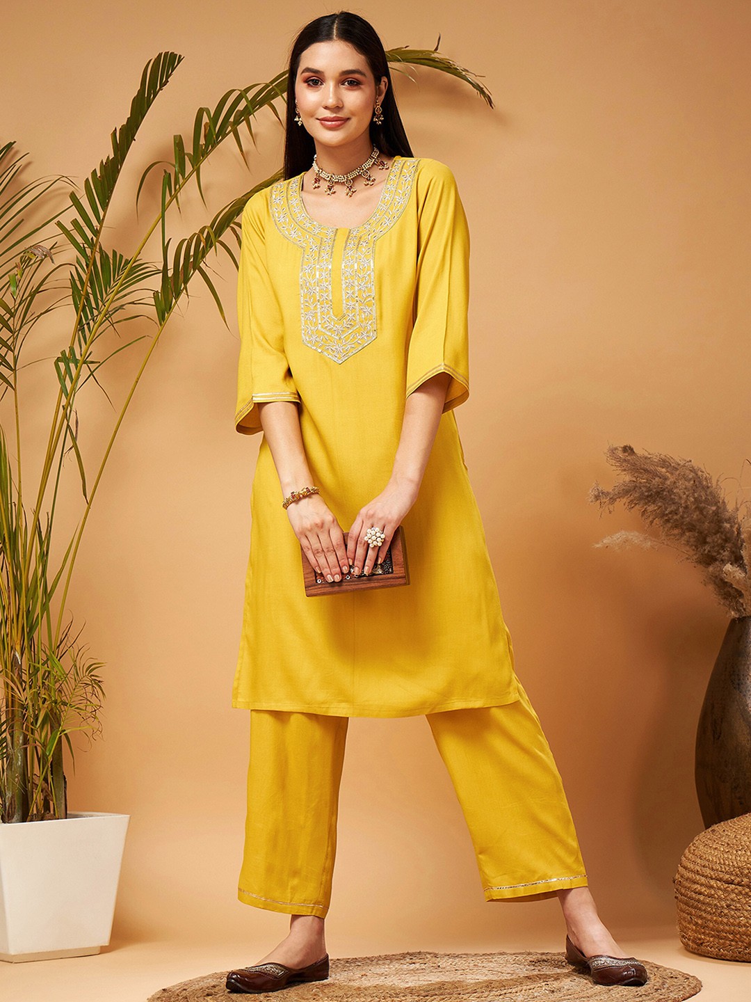 

Shae by SASSAFRAS Yellow Thread Work Kurta With Trousers