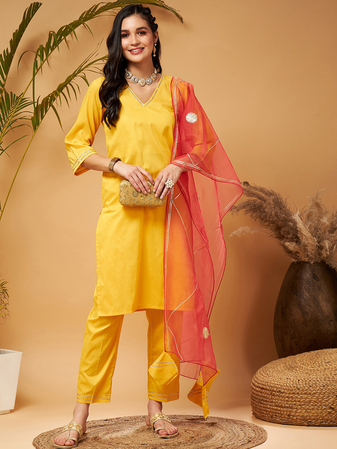 

Shae by SASSAFRAS Gotta Patti Kurta With Trousers & Dupatta, Yellow