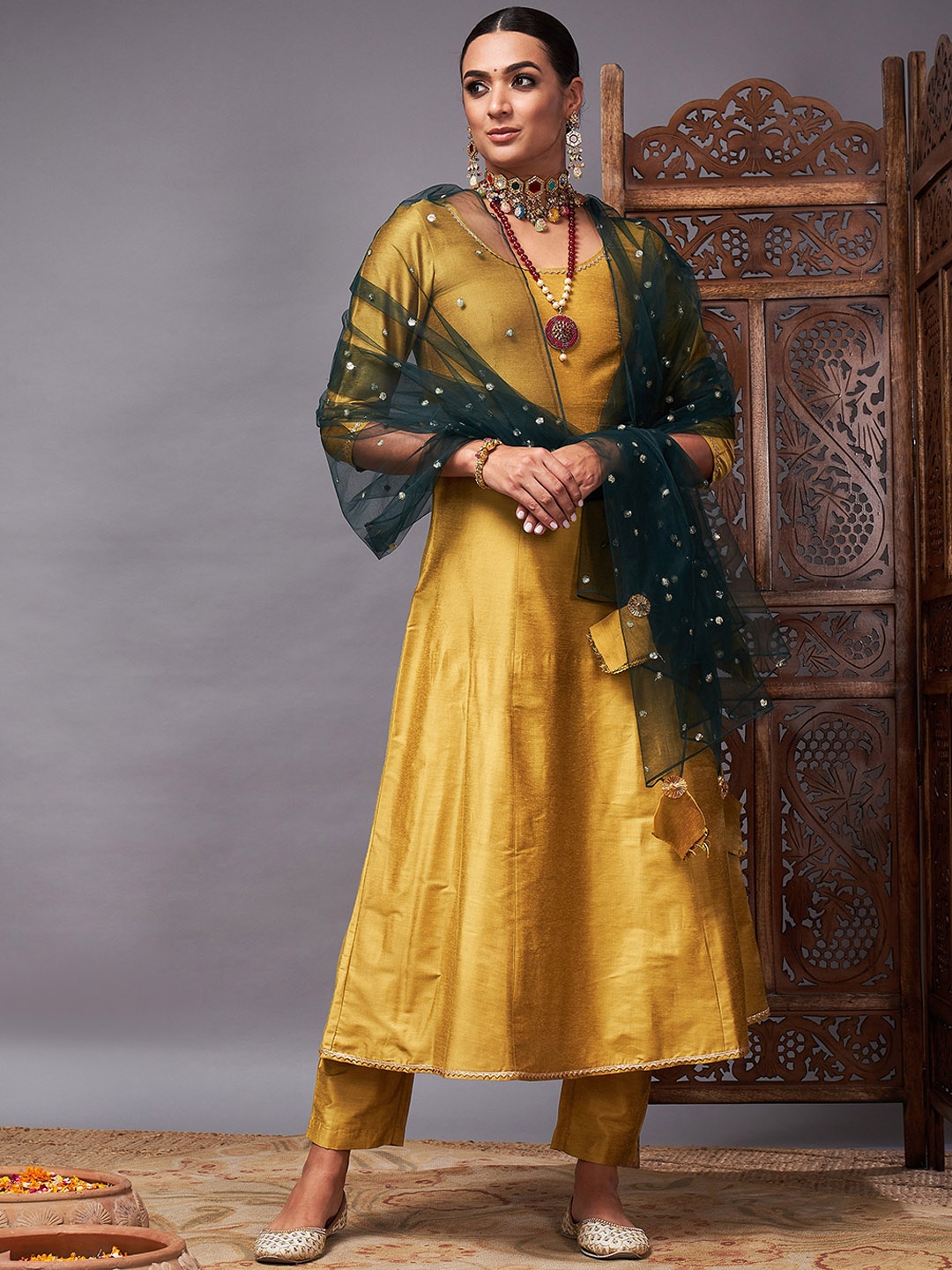

Shae by SASSAFRAS Mustard Yellow Empire Anarkali Kurta with Trousers & With Dupatta