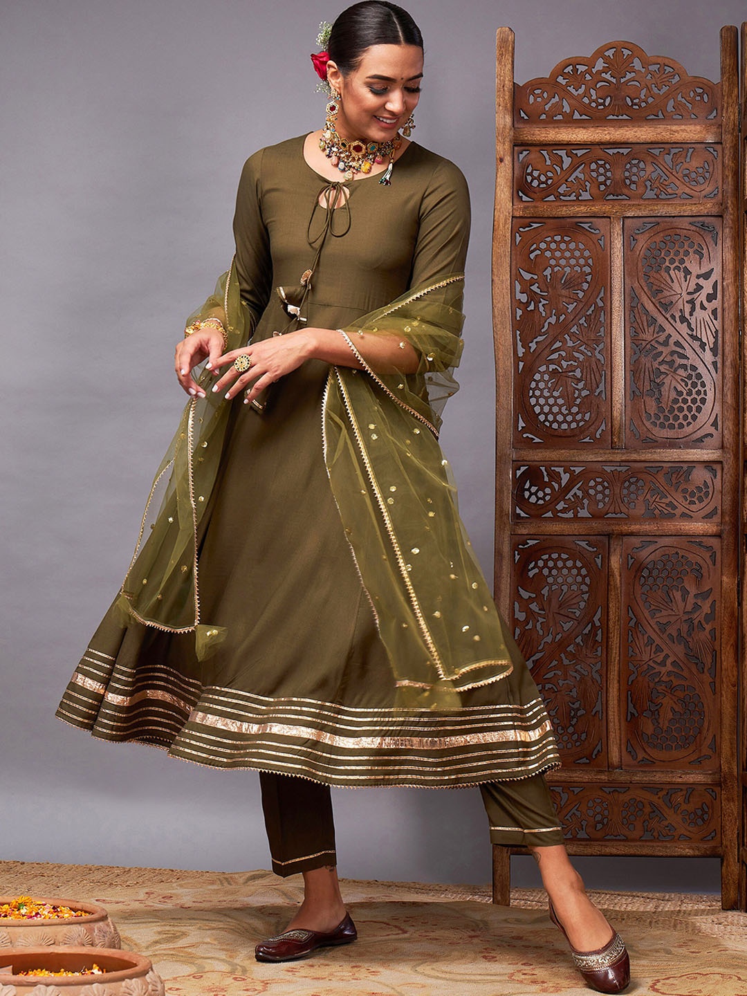 

Shae by SASSAFRAS Anarkali Gotta Patti Kurta With Trousers & Dupatta, Olive