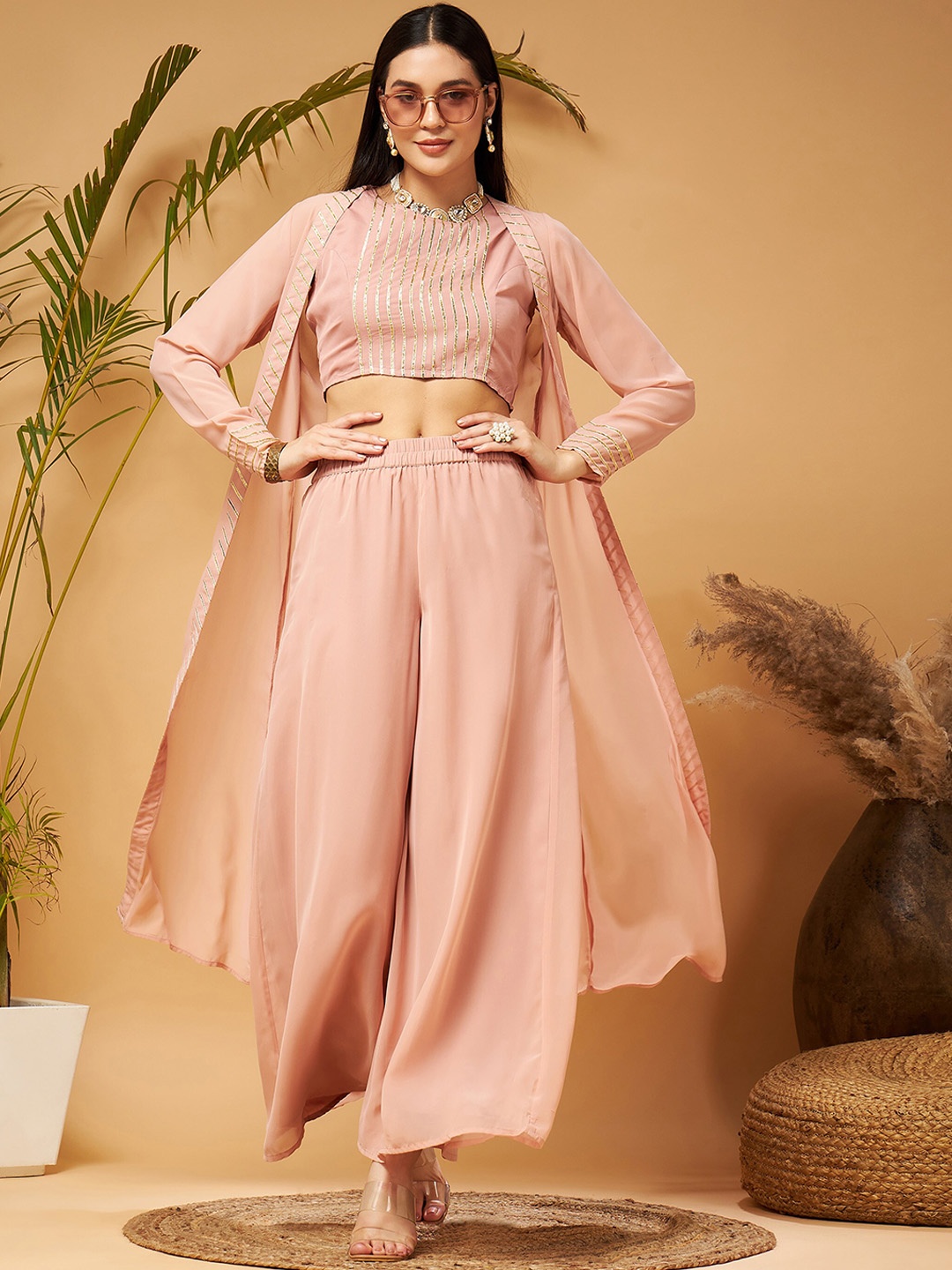 

Shae by SASSAFRAS Embellished Top & Trousers With Shrug Co-Ords, Peach