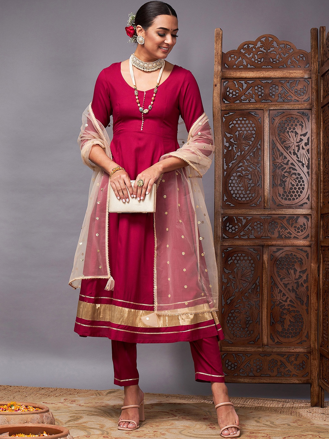 Shae by SASSAFRAS Anarkali Kurta With Trousers & Dupatta, Burgundy