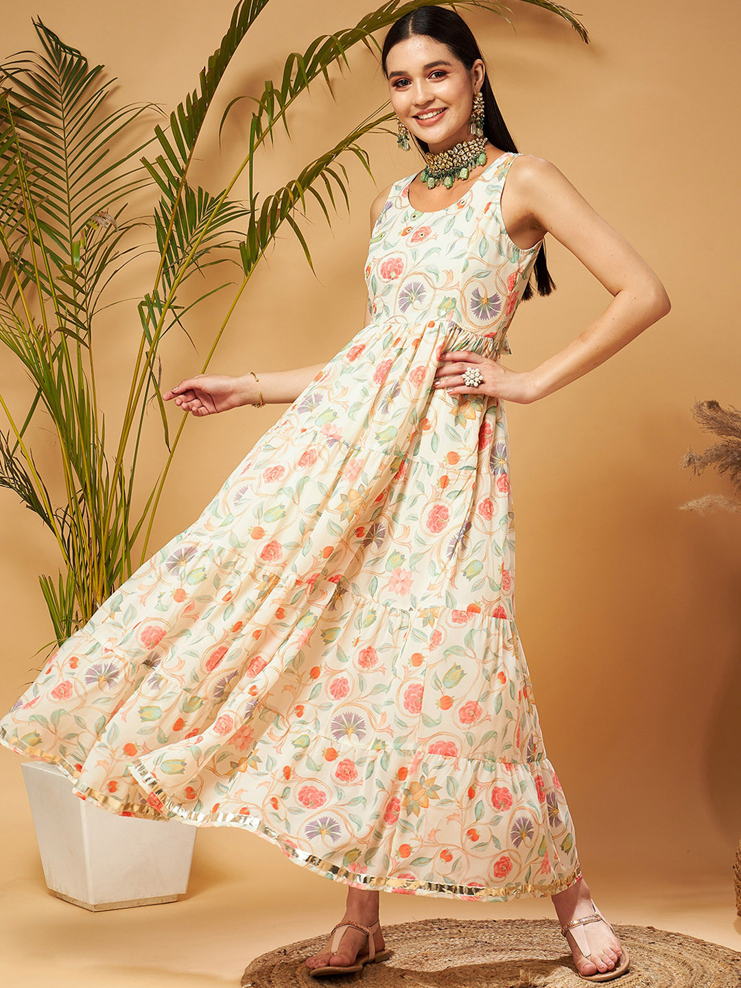 

Shae by SASSAFRAS Beige Embroidered Mirror Work Sleeveless Tiered Ethnic Dress