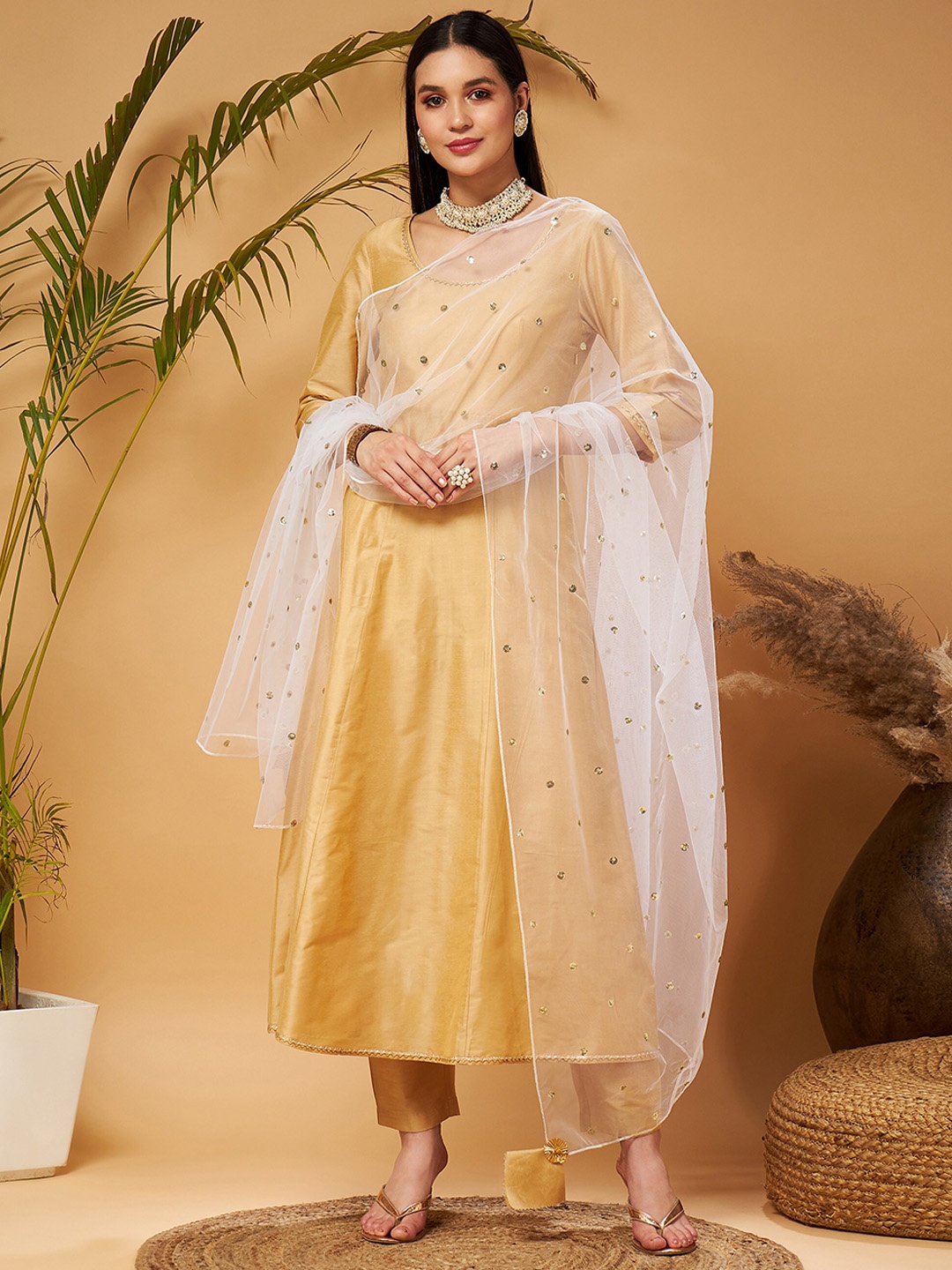 

Shae by SASSAFRAS Anarkali Kurta With Trousers & Dupatta, Gold