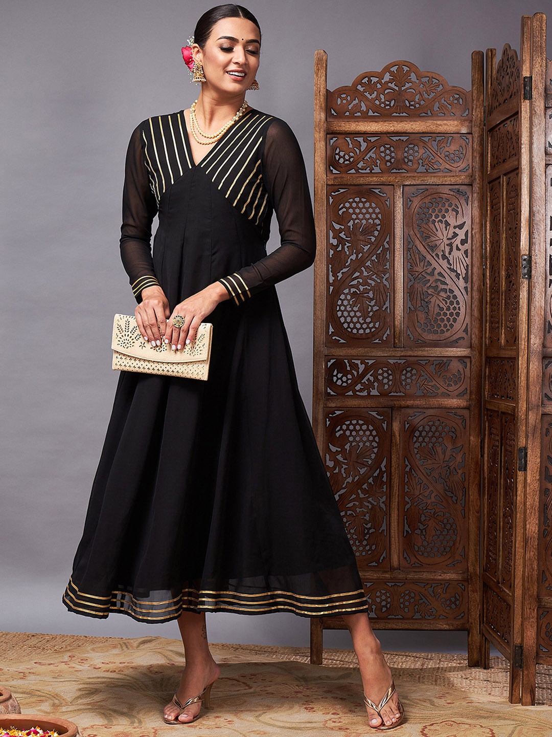 Shae by SASSAFRAS Black Gotta Patii Detail Anarkali Maxi Dress