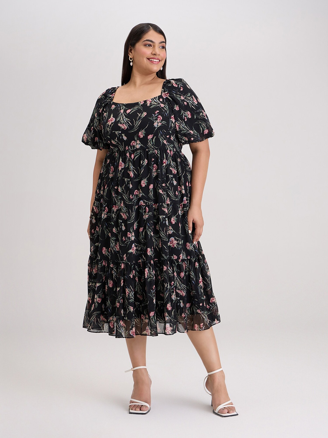 

20Dresses Black Plus Size Floral Printed Flared Sleeves A-Line Midi Dress