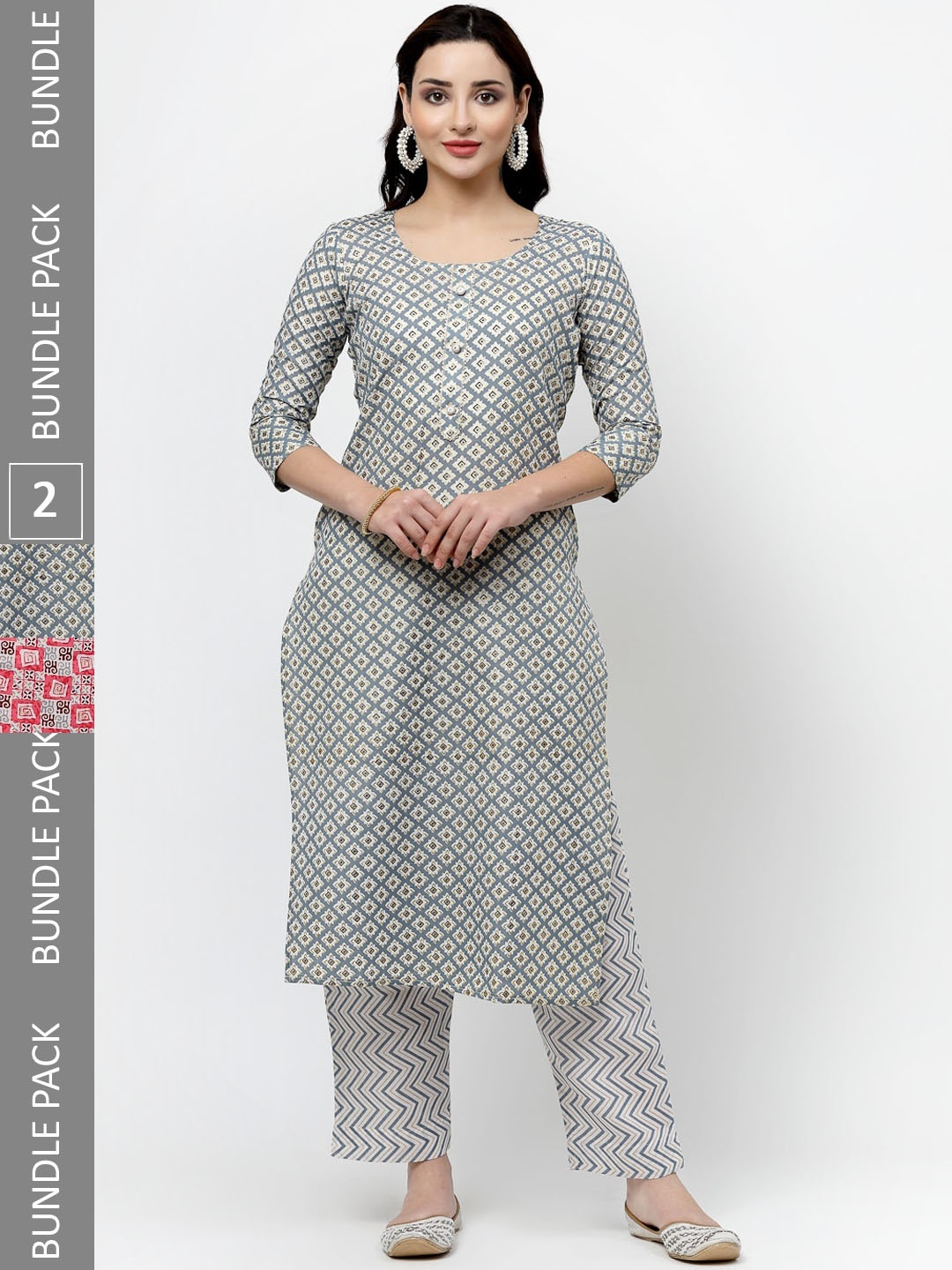 

KALINI Pack of 2 Ethnic Motifs Printed Regular Pure Cotton Kurta with Trousers, Green