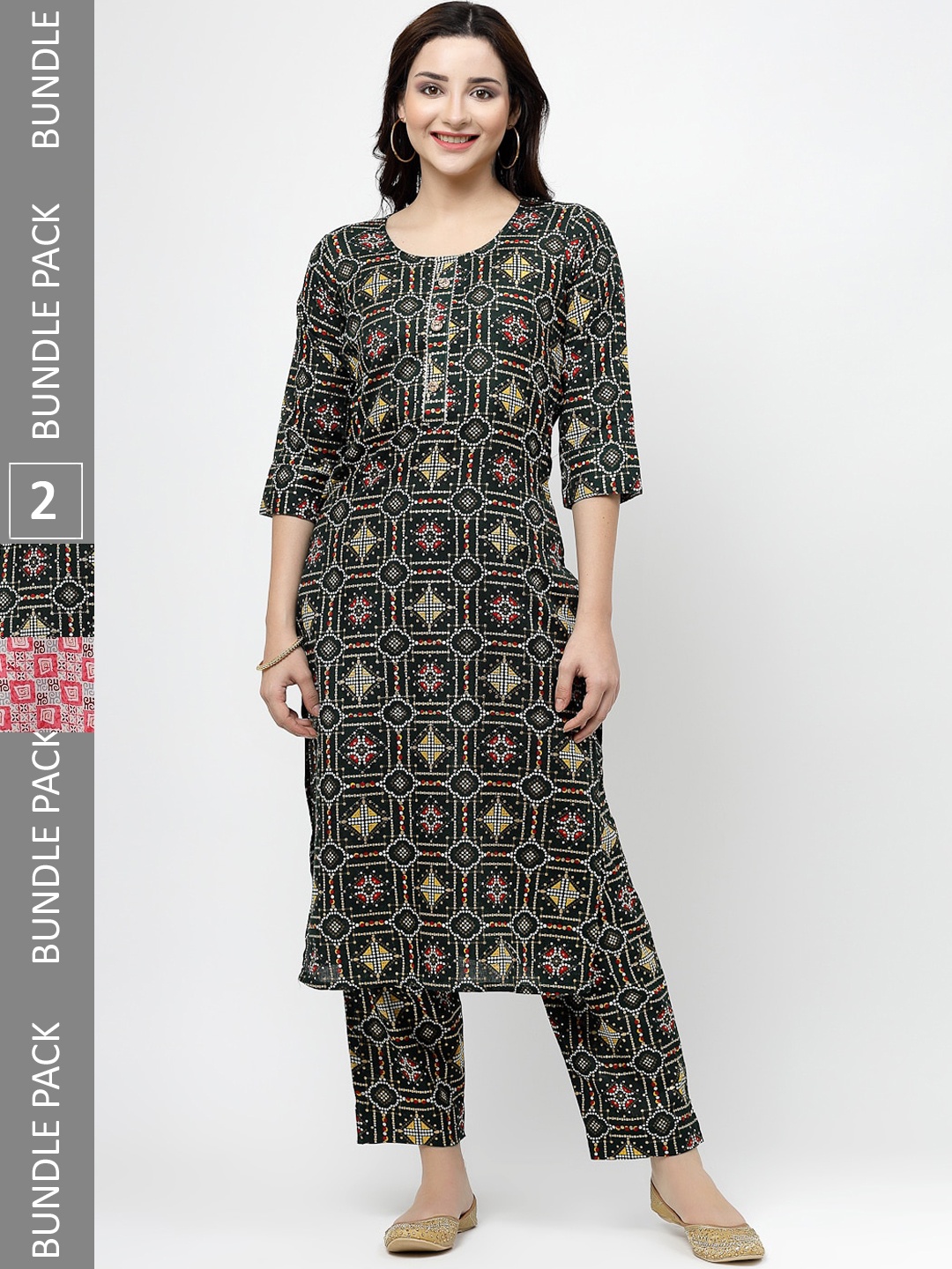 

KALINI Pack Of 2 Printed Gotta Patti Pure Cotton Kurta With Trousers, Green