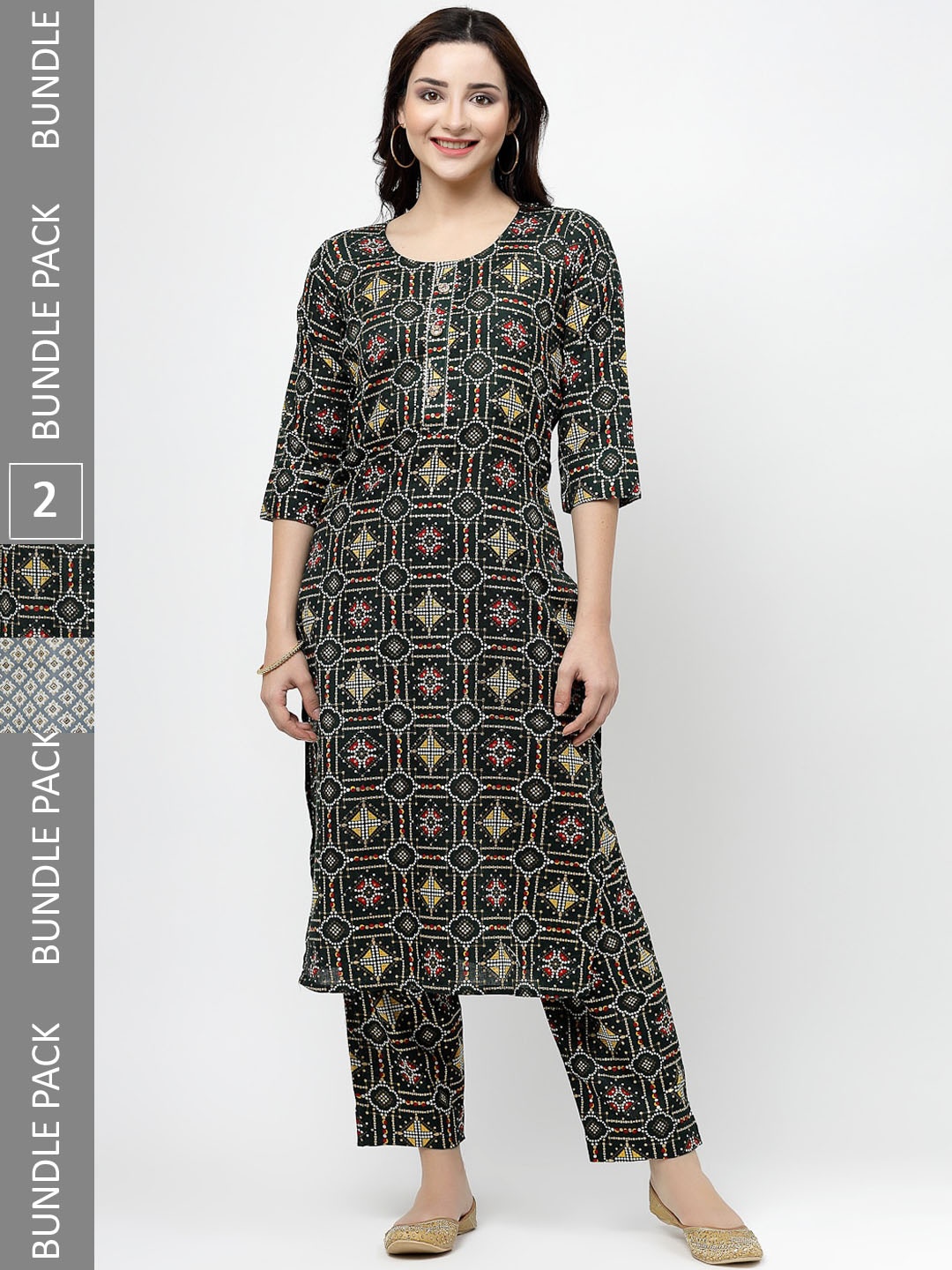

KALINI Pack of 2 Ethnic Motifs Printed Regular Pure Cotton Kurta with Trousers, Black