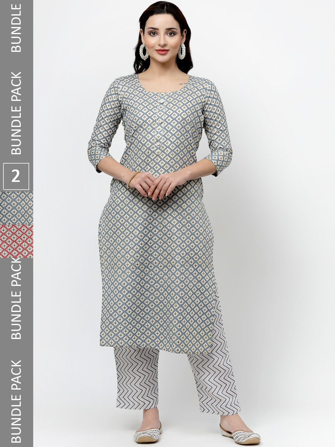 

KALINI Pack of 2 Ethnic Motifs Printed Regular Pure Cotton Kurta with Trousers, White