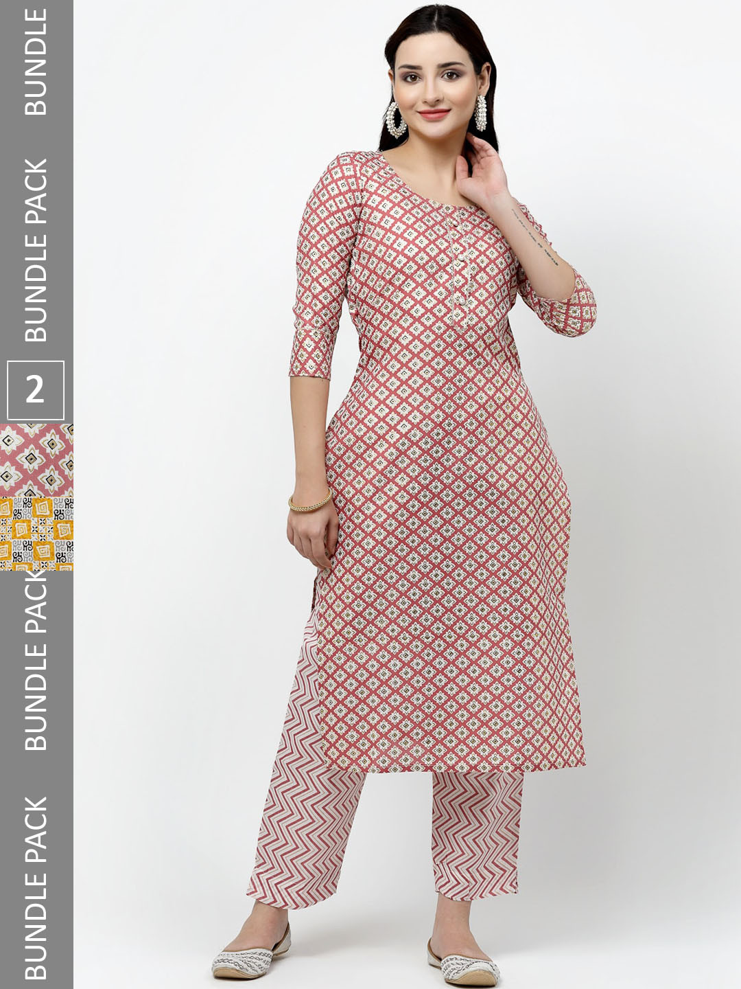 

KALINI Pack Of 2 Geometric Printed Gotta Patti Pure Cotton Kurta With Trousers, Pink
