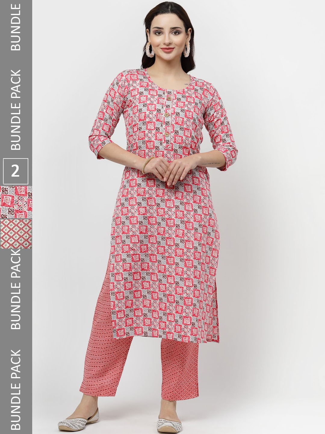 

KALINI Pack Of 2 Ethnic Motifs Printed Pure Cotton Kurta with Trousers, Pink