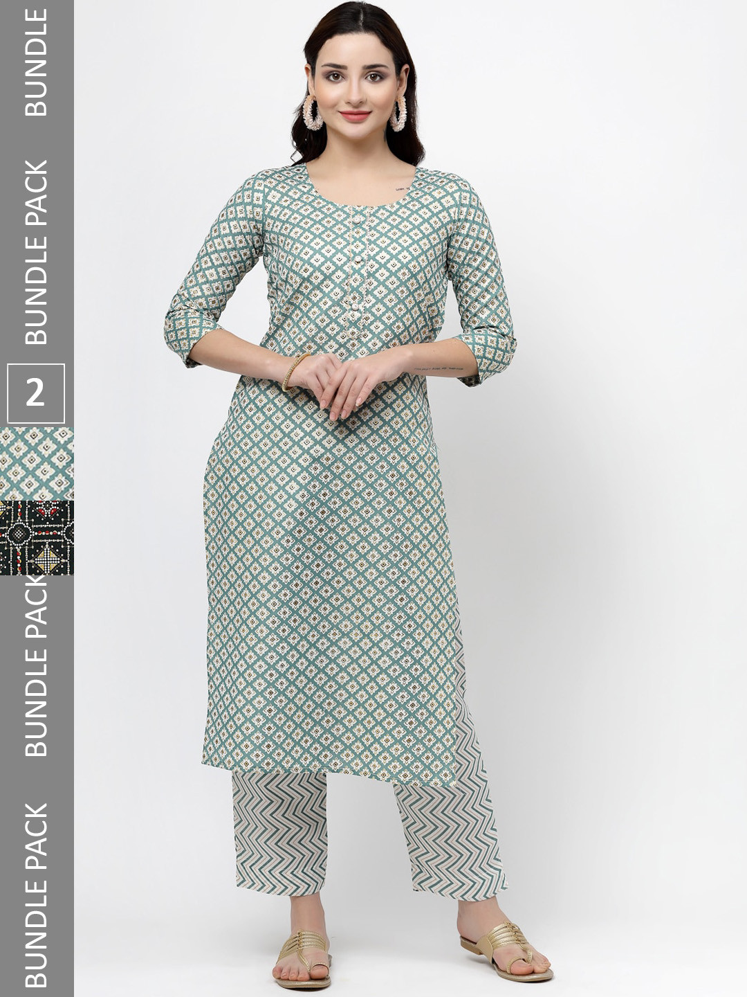 

KALINI Pack Of 2 Ethnic Motifs Printed Gotta Patti Pure Cotton Kurta With Trousers, Grey