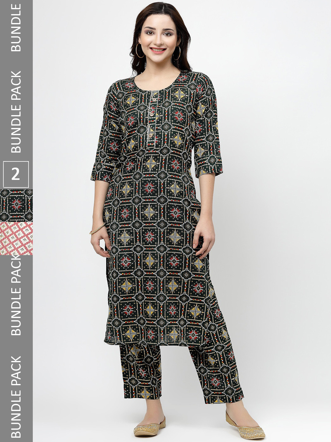 

KALINI Pack of 2 Floral Printed Regular Pure Cotton Kurta with Trousers, Green