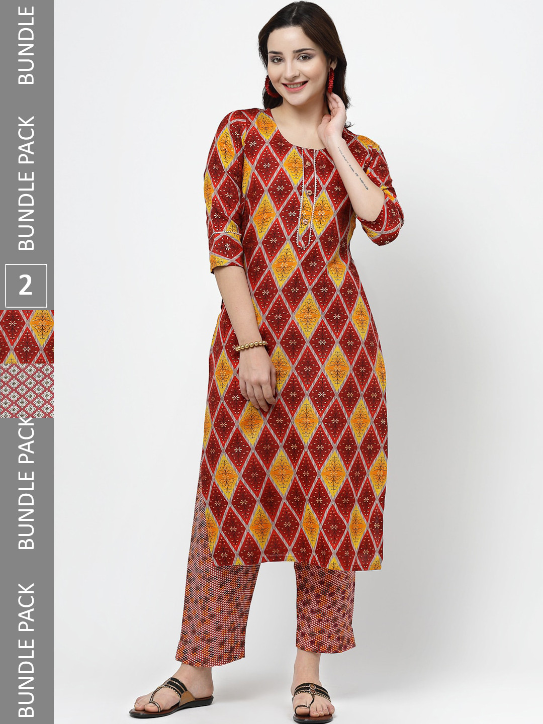 

KALINI Pack Of 2 Ethnic Motifs Printed Pure Cotton Kurta with Trousers, Red