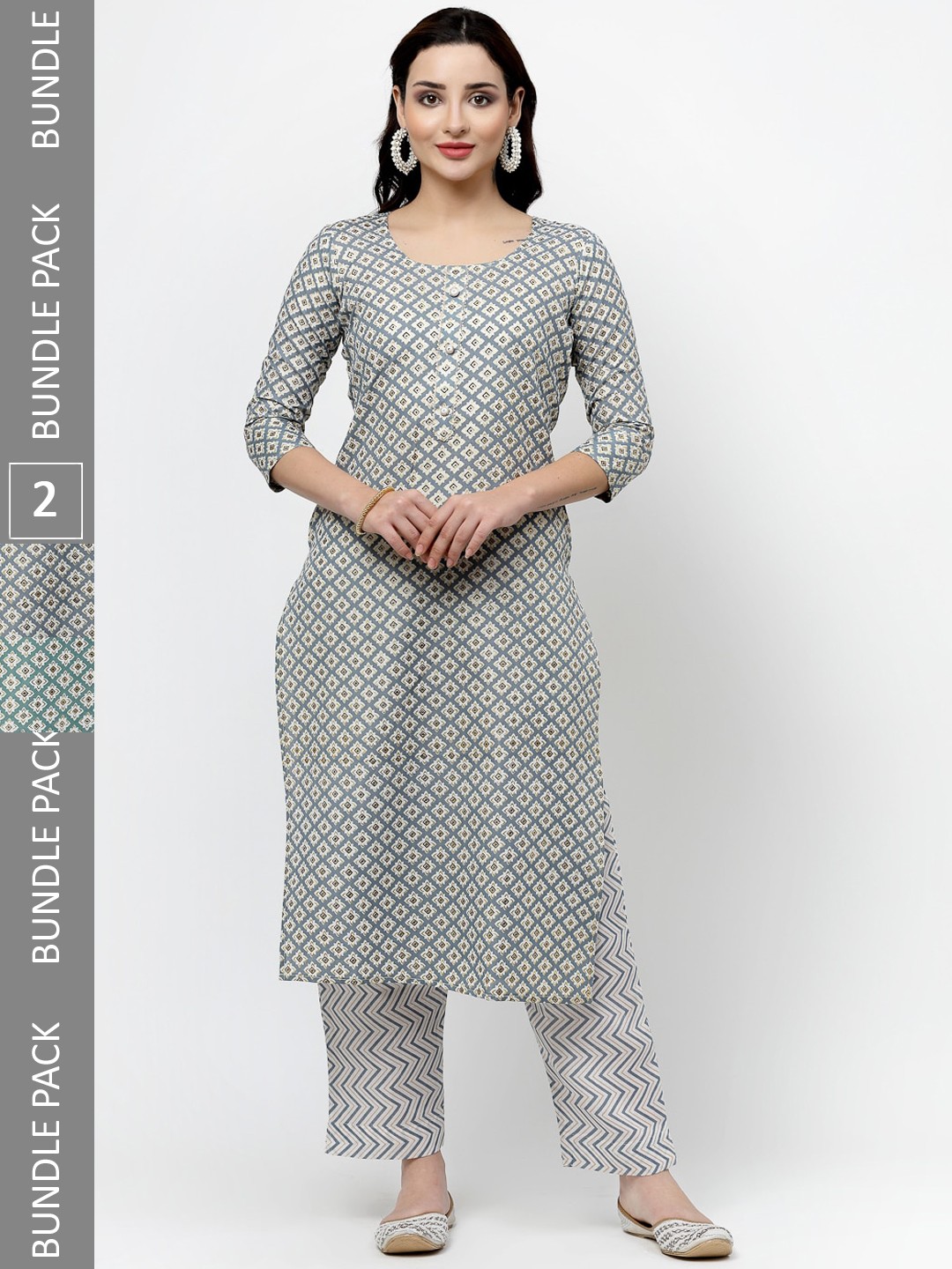 

KALINI Pack of 2 Ethnic Motifs Printed Gota Patti Pure Cotton Kurta with Trousers, Green
