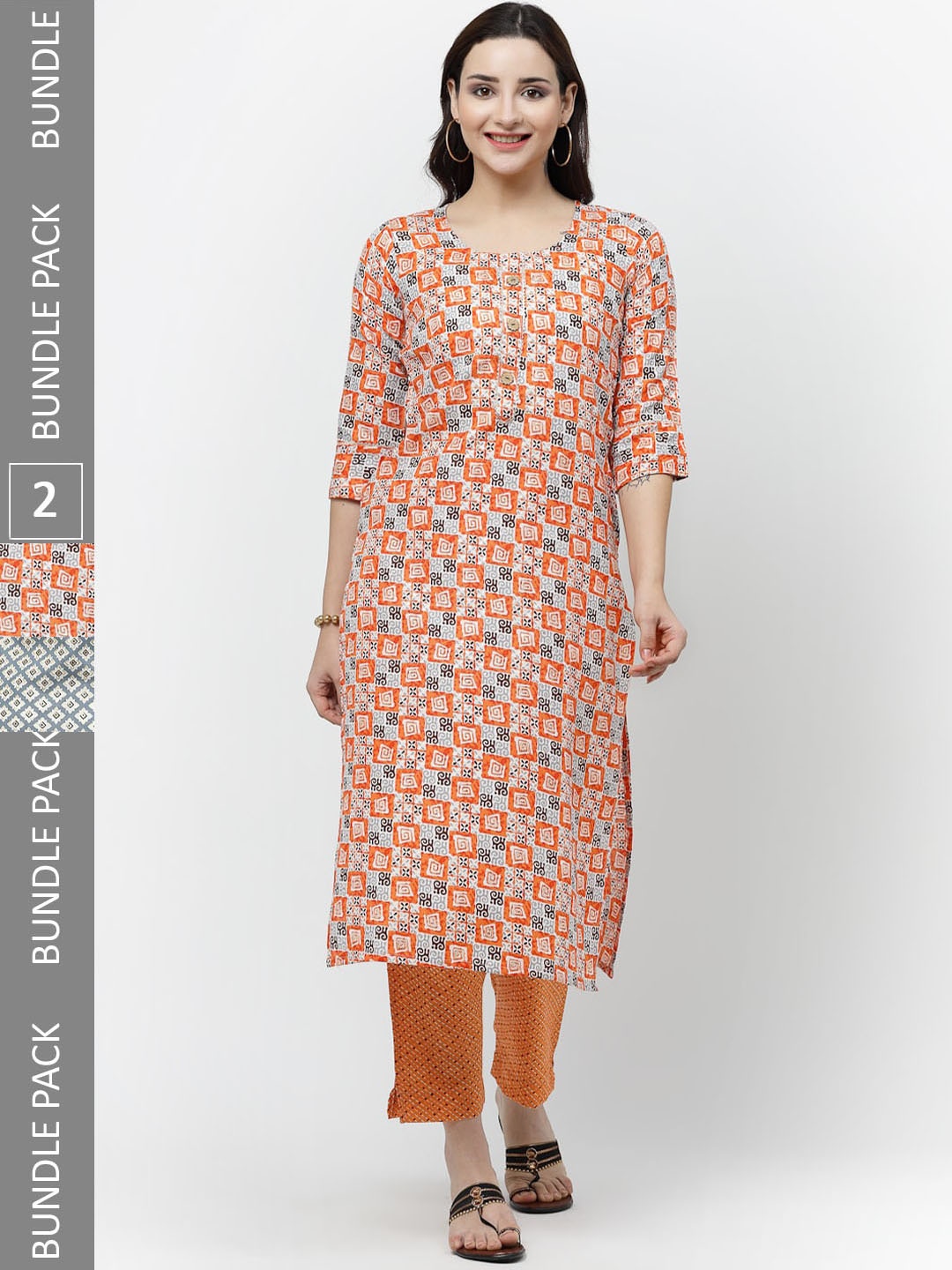 

KALINI Pack Of 2 Ethnic Motifs Printed Pure Cotton Kurta with Trousers, Orange