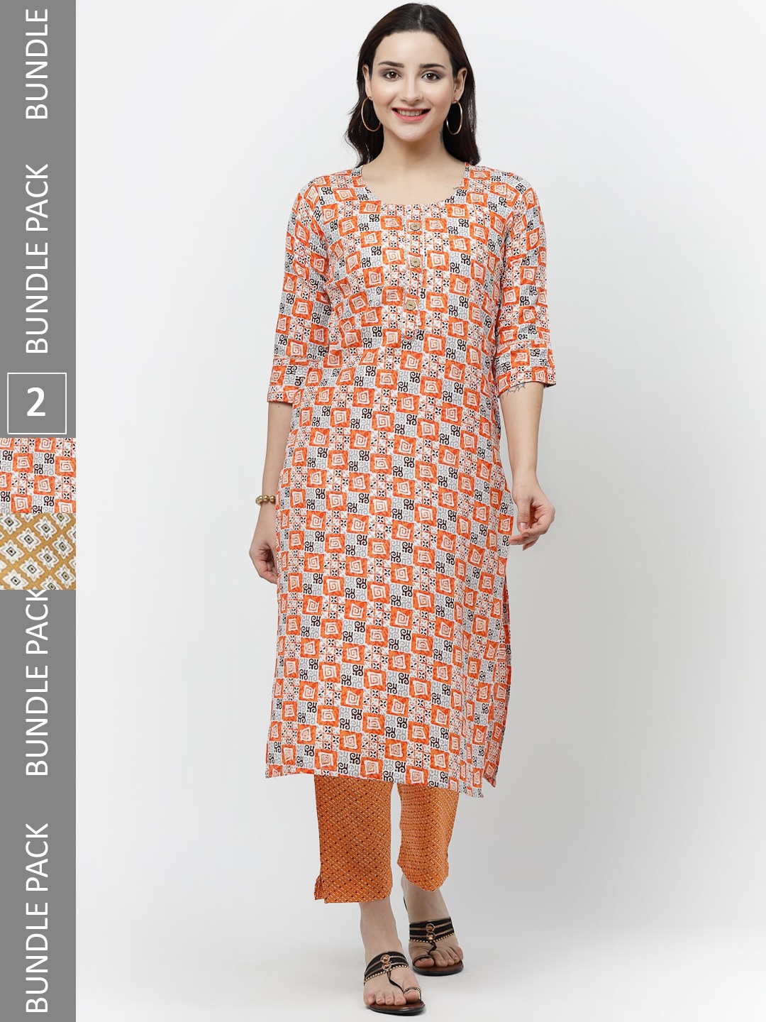 

KALINI Pack Of 2 Ethnic Motifs Printed Pure Cotton Kurta with Trousers, Orange