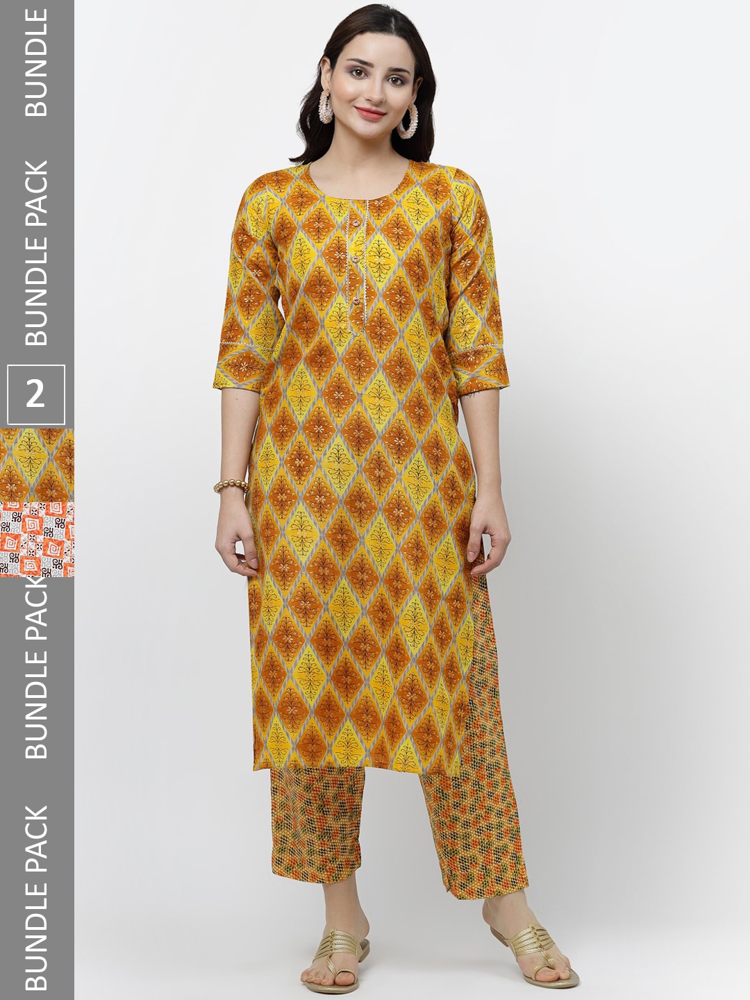 

KALINI Pack of 2 Ethnic Motifs Printed Regular Pure Cotton Kurta with Trousers, Orange