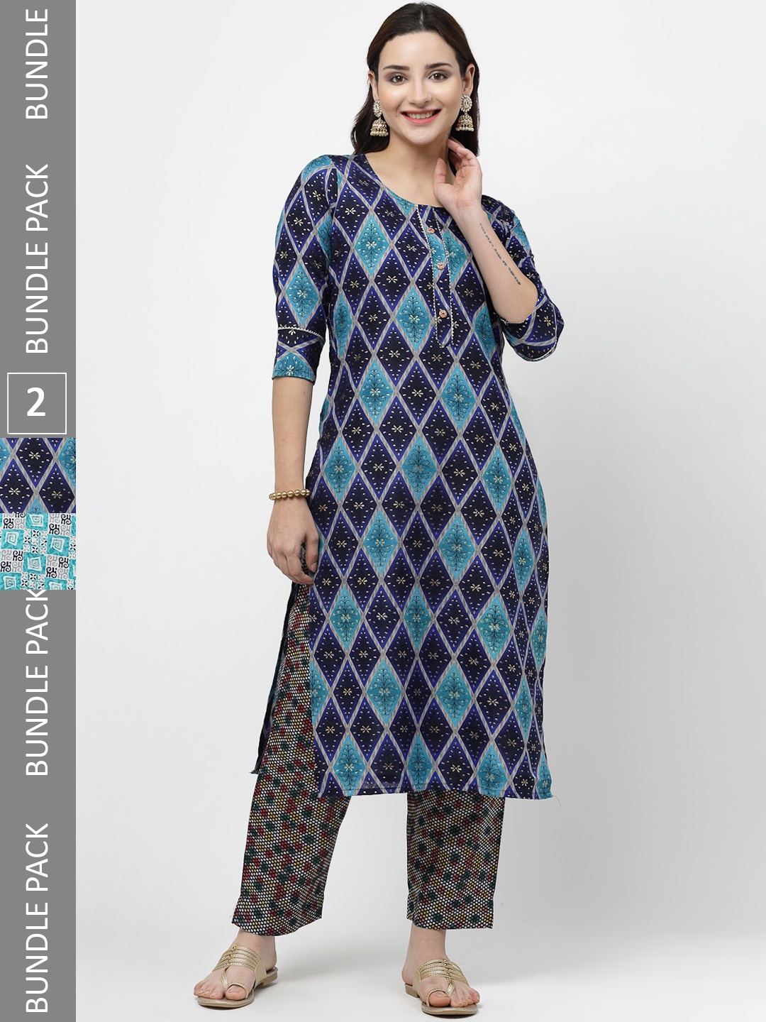 

KALINI Pack Of 2 Printed Gotta Patti Pure Cotton Kurta With Trousers, Blue