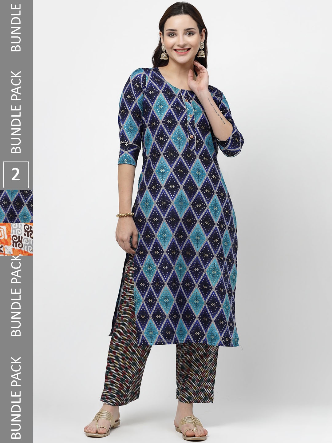 

KALINI Pack of 2 Floral Printed Regular Pure Cotton Kurta with Trousers, Orange