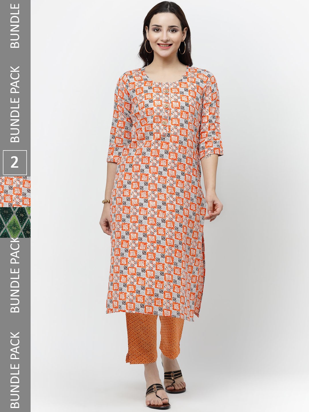 

KALINI Pack Of 2 Printed Gotta Patti Pure Cotton Kurta With Trousers, Orange